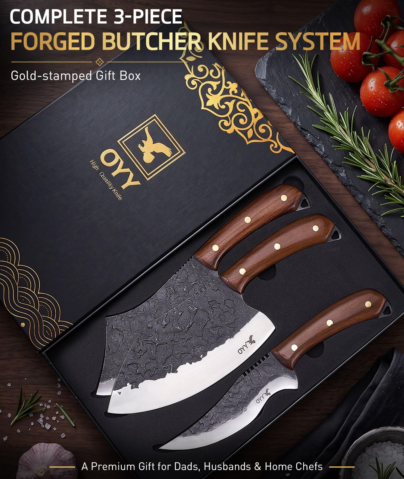 3PCS Hand Forged Butcher Knife Set, Meat Cleaver Chef Knife & Boning Knife