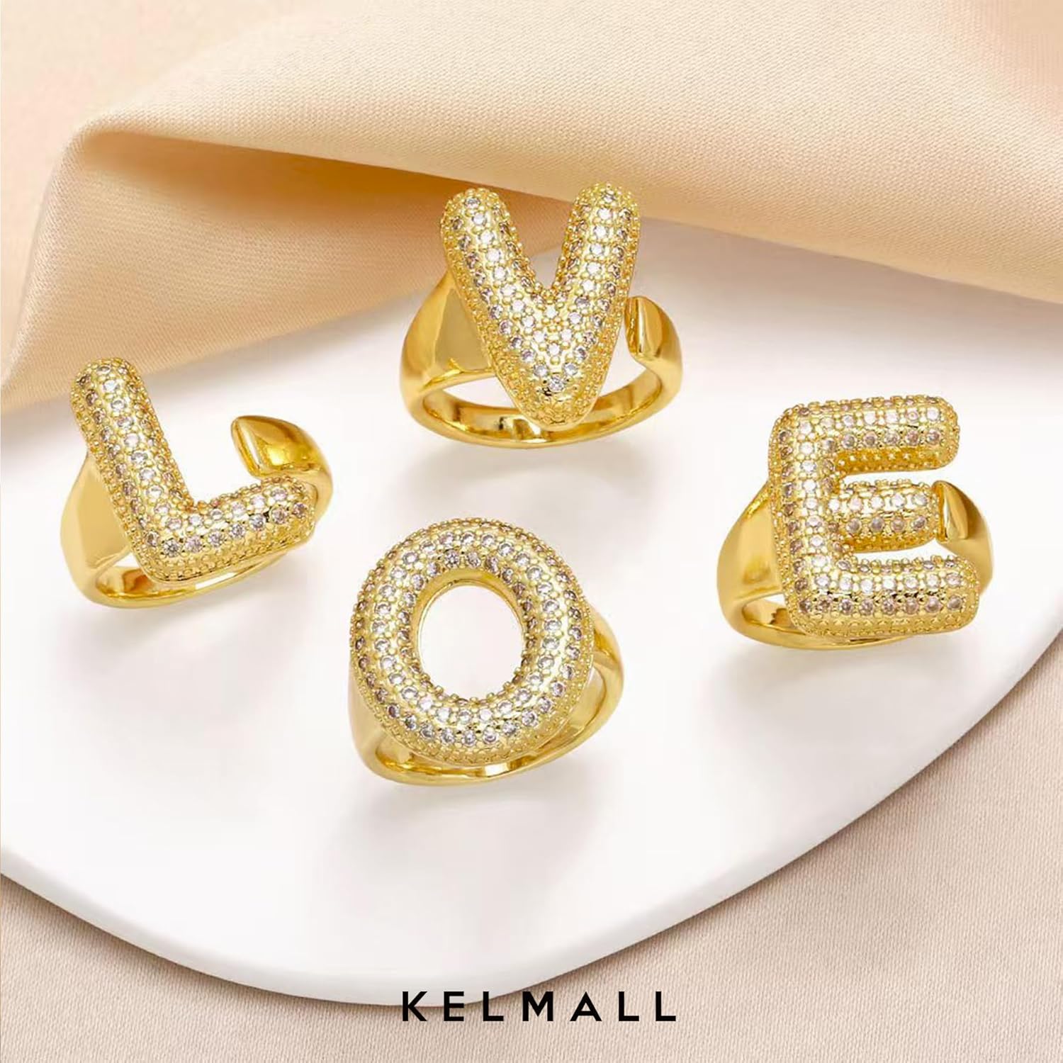 KELMALL Gold Plated Bubble Initial Rings for Women - CZ Rhinestone A-Z Letter Adjustable Chunky Statement Rings - Personalized Alphabet Jewelry Gift - Image 5
