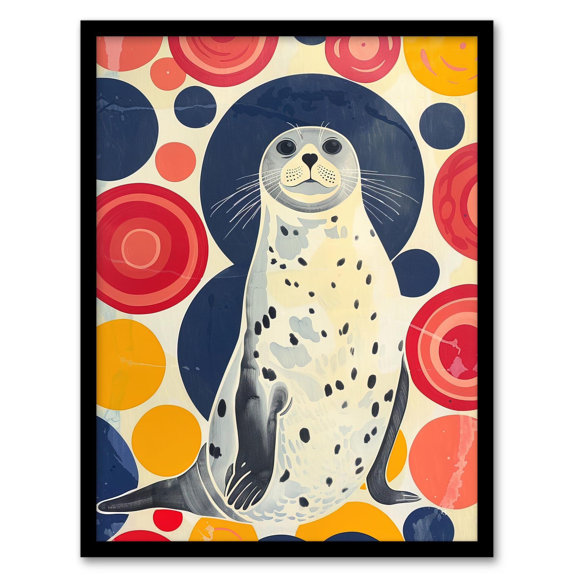 Artery8 Seal Standing Portrait Colourful Circles Fun Cute Living Room Artwork Framed Wall Art Print A4
