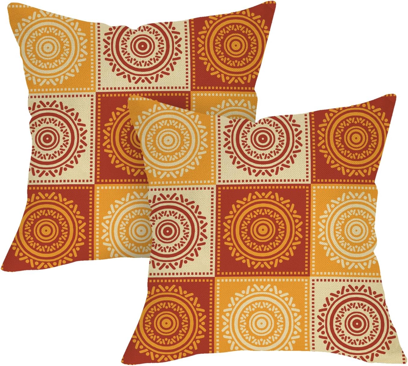 Boho Yellow Orange Mandala Decorative Throw Pillow Covers 18 x 18 Set of 2, Bohemian Vintage Abstract Circular Floral Porch Outdoor Home Decor, Geometric Flower Ethnic Sofa Couch Cushion Case