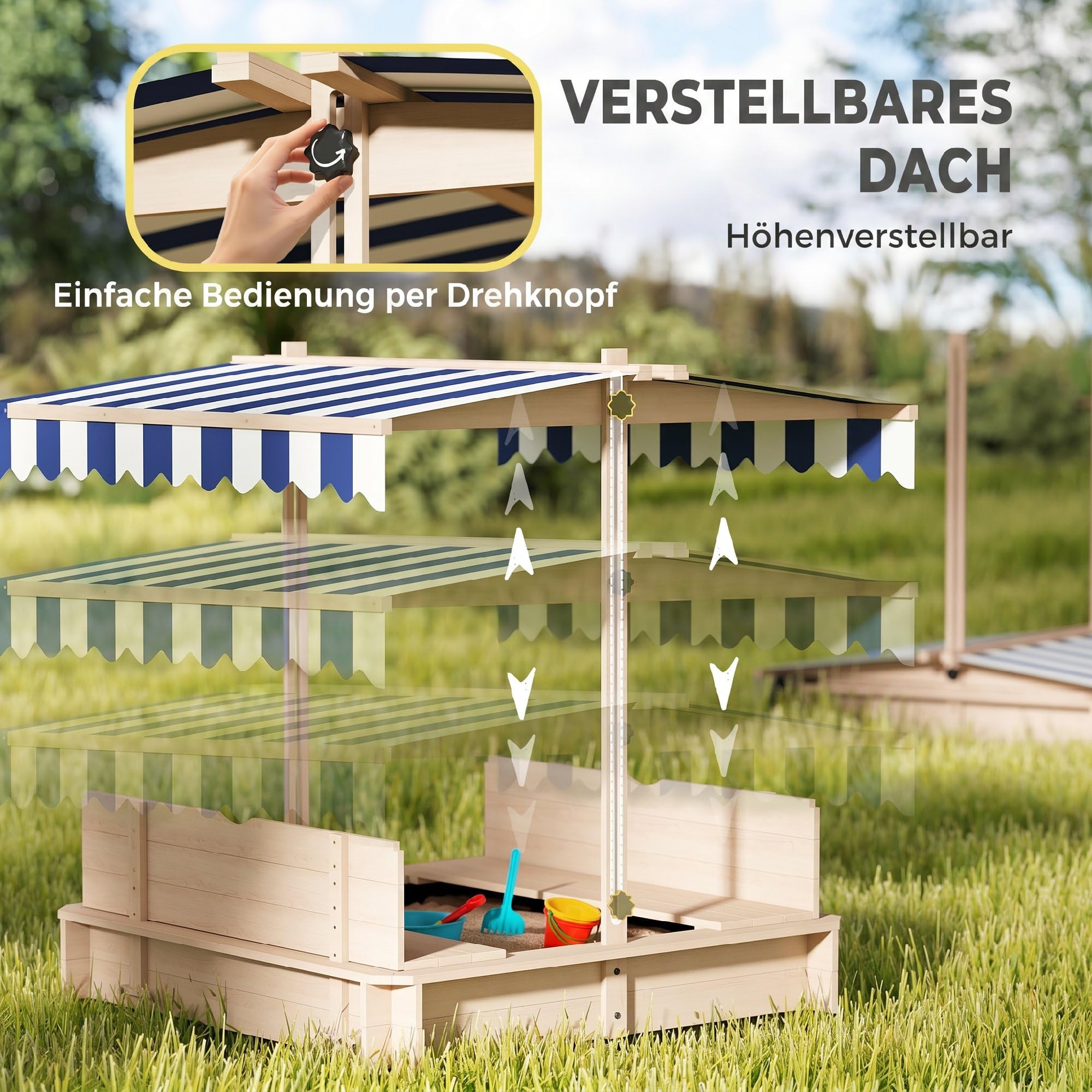 Outsunny Sandkasten Kinder 106x106 cm Höhenverstellbar Abdeckung Blau | Sandkiste Sandbox Aus Holz, Sitzbänken Mit Rücklehnen, für Outdoor Garten Terrasse Balkon