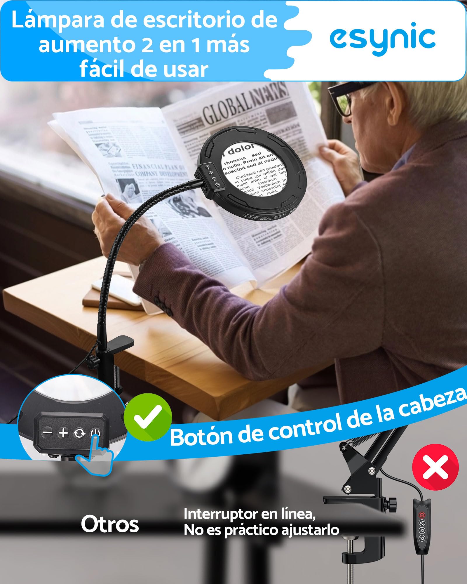 eSynic Lupa con Luz LED 8X Profesional Lámpara de Mesa con 72 LED Ajustables, 10 Niveles de Brillo + 5 Temperaturas de Color, Base de Metal Pesado y Brazo Flexible de 35cm para Lectura/Manualidades