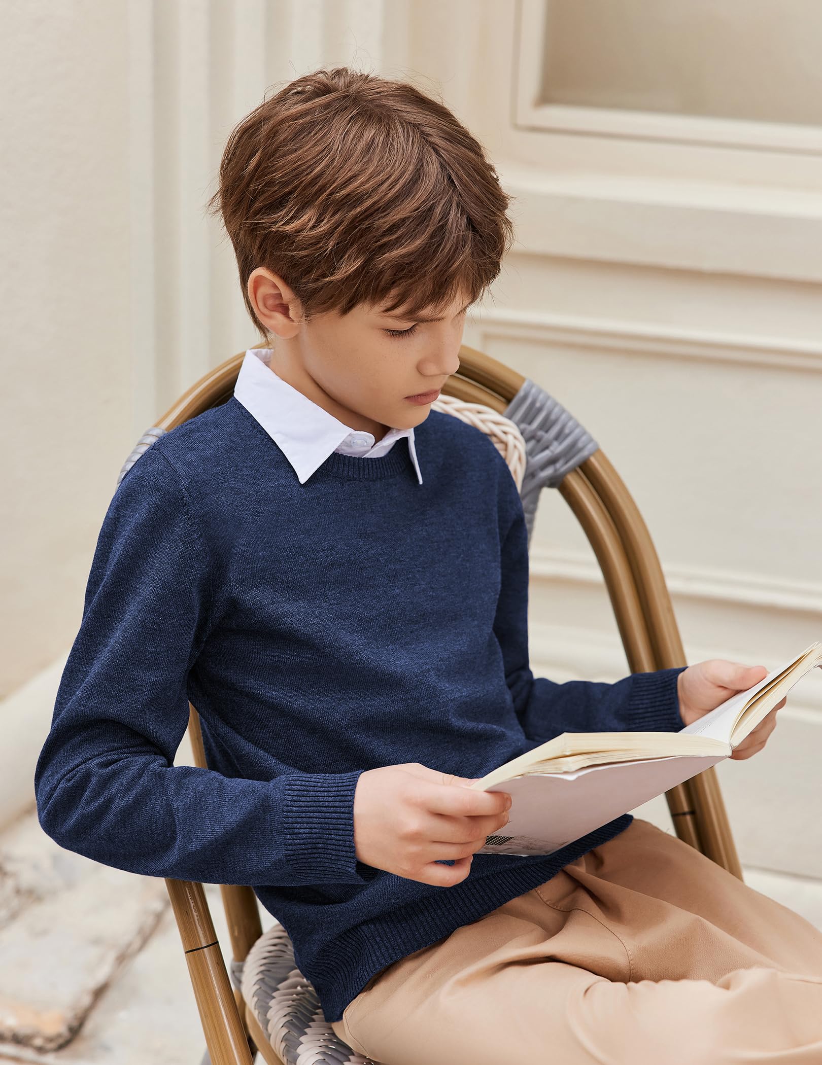 Arshiner Pull en Maille à Manches Longues pour garçon Automne/Hiver Couleur Unie col Rond Pull Basique pour Uniforme Scolaire Chemise à Manches Longues pour Enfants de 5 à 12 Ans