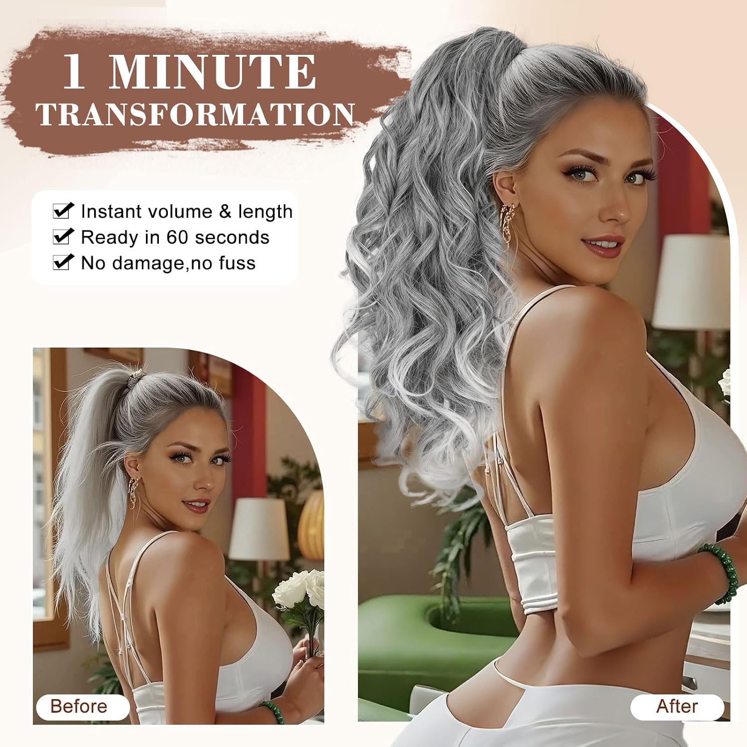AISI BEAUTY Grey Ponytail Extension,Claw Clip Ponytail Hair Extensions for Women, 20 Inch Long Thick Wavy Clip in Fake Pony Tails Hair Soft Synthetic Hairpiece(Mix Grey with White Ends)