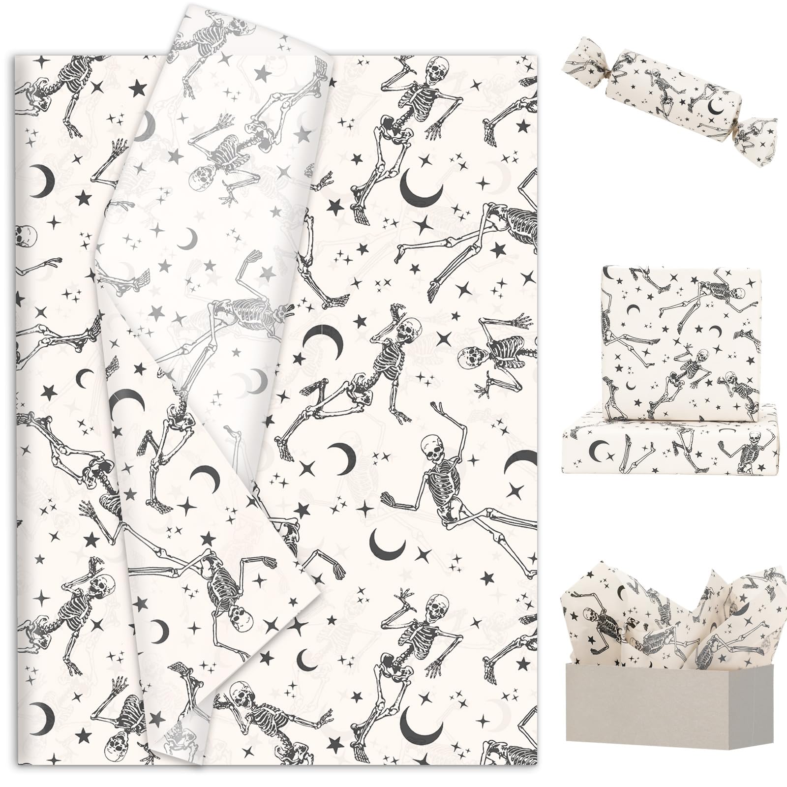 Whaline 100 Sheets Halloween Tissue Paper Dancing Skeleton Gift Wrapping Paper Decorative Art Paper for Home Party DIY Crafts Supplies, 14 x 20 Inch