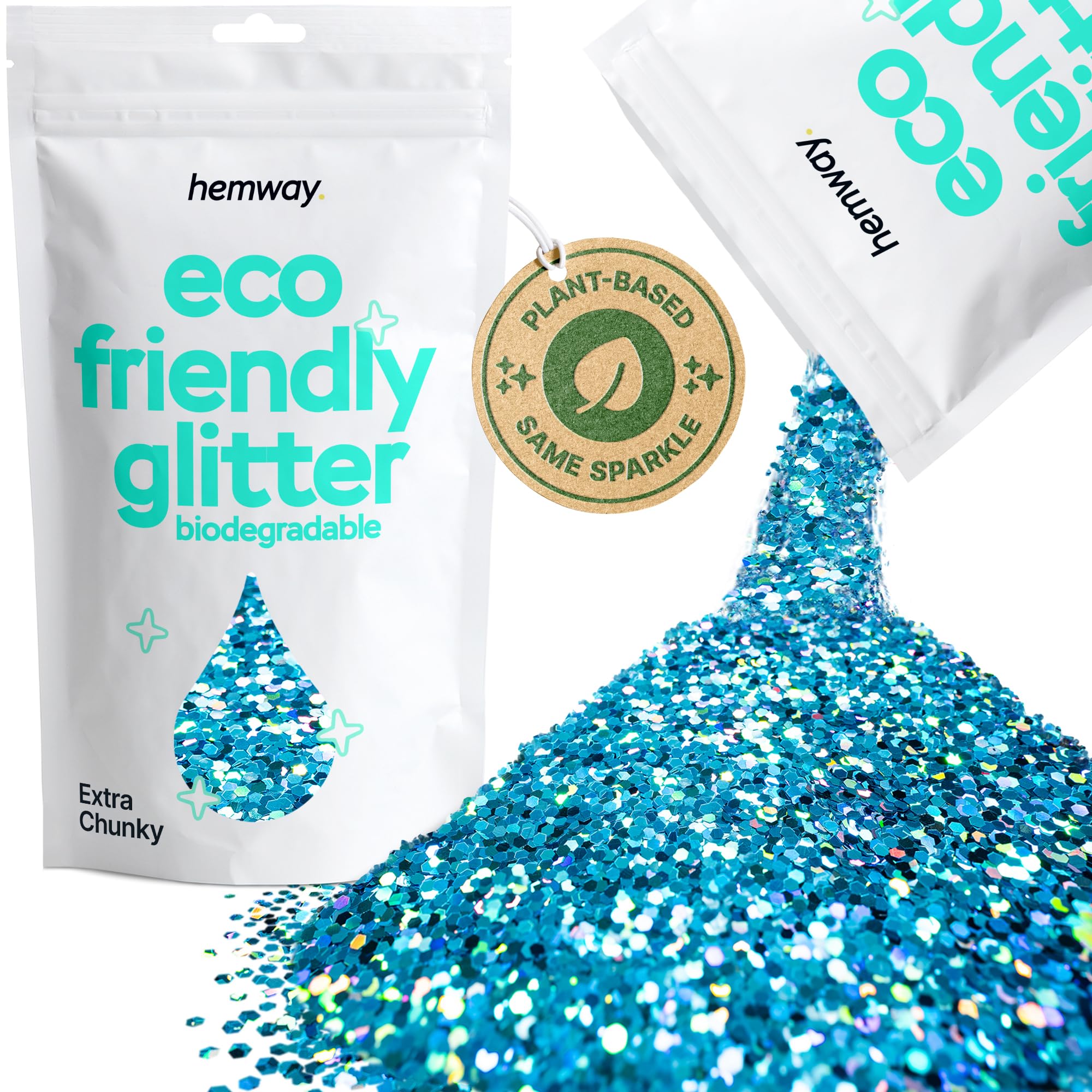 Eco Friendly Biodegradable Glitter | Ocean Blue Holographic - Extra Chunky 100g, Plant Based, Biodegradable Glitter for Craft, Face, Hair, Nail, Body and Festival - Hemway — image 1