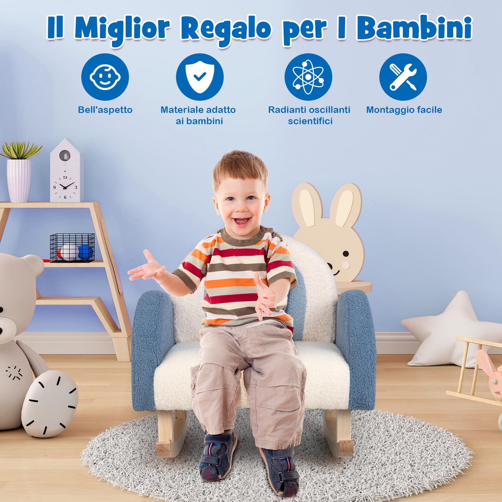 COSTWAY Sedia a Dondolo per Bambini con Gambe in Legno Massello, Poltrona per Bambini di 3-5 Anni, Divanetto Singolo Imbottito per Cameretta, 50,5 x 49 x 50,5 cm, Portata 50 kg (Blu)