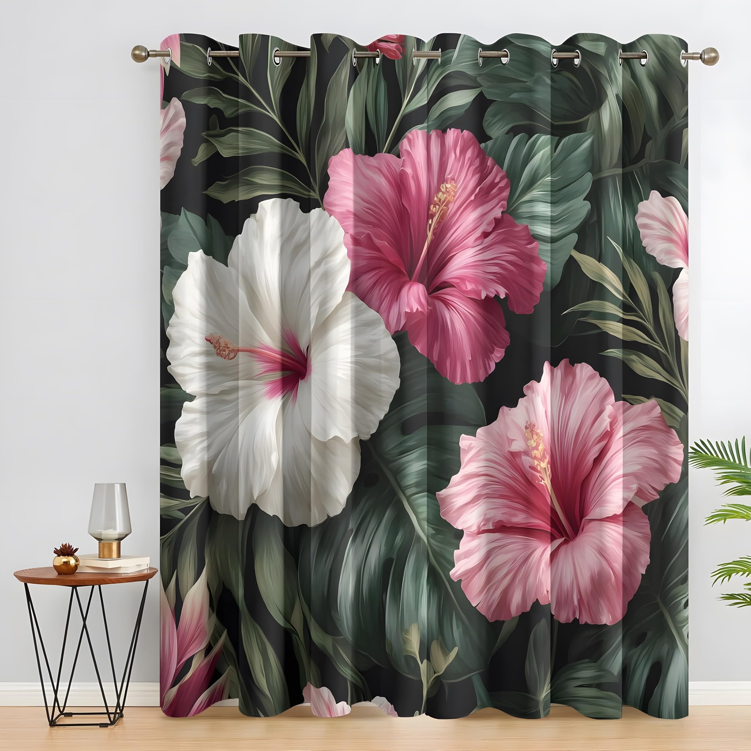YZQGLHP Pink & White Hibiscus Curtains, W 46" x L 54" (117 x 137 cm), Green Leaves Blackout and Heat-Insulating Curtains, Curtain 2 Pieces in a Pack, Suitable for Bedrooms and Living Rooms