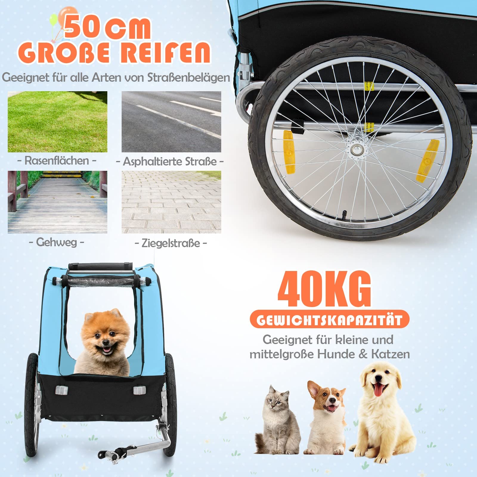 GYMAX Fahrradanhänger, Hundebuggy mit Sicherheitsfahne & 3 Eingängen, klappbarer Hundewagen bis 40kg belastbar, Haustierwagen mit Universalräder, Transportwagen für Hunde