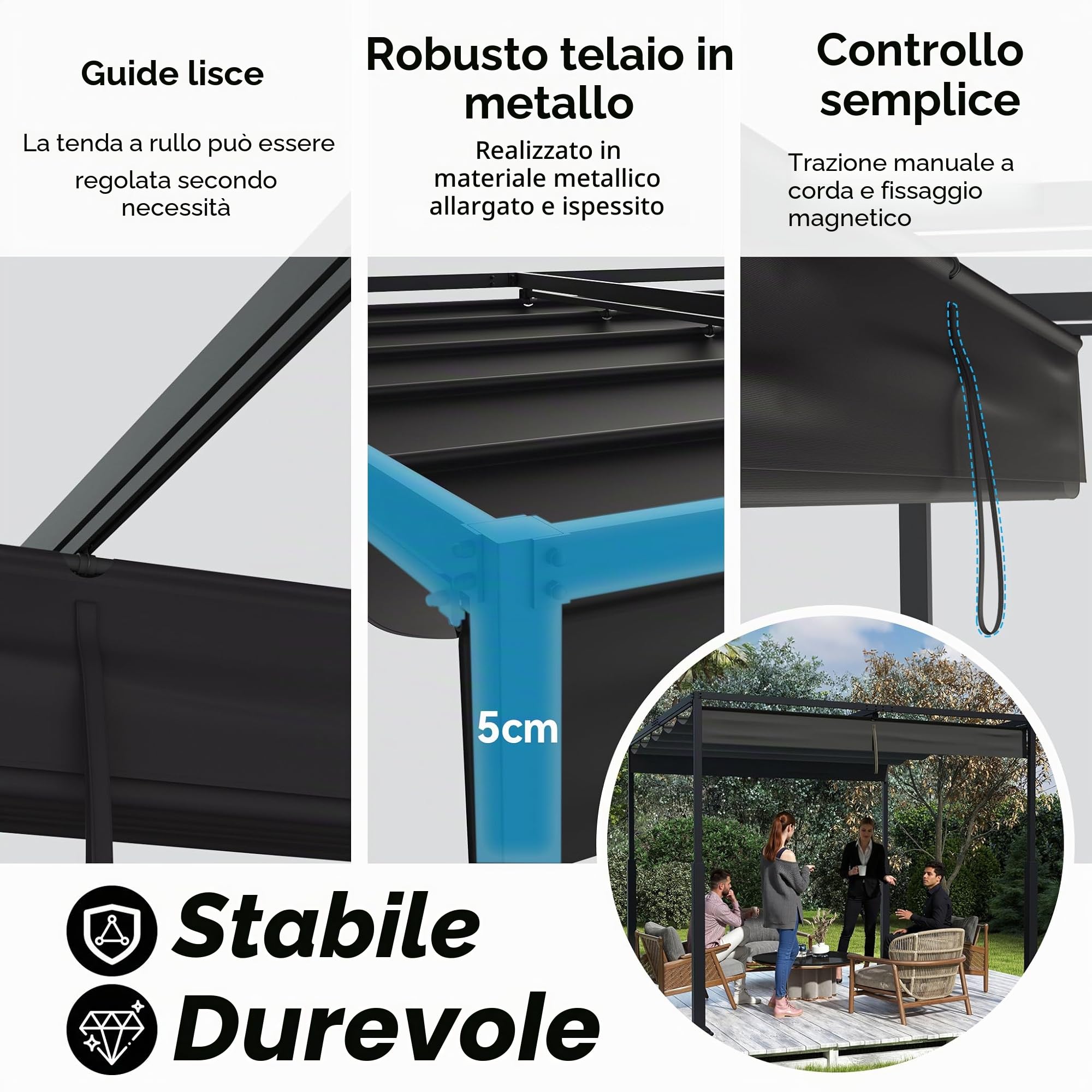 FIVMEN Pergola 3x3m, baldacchino impermeabile, stabile invernale, gazebo con ombreggiatura regolabile, protezione solare per giardino, terrazza e balcone, nero