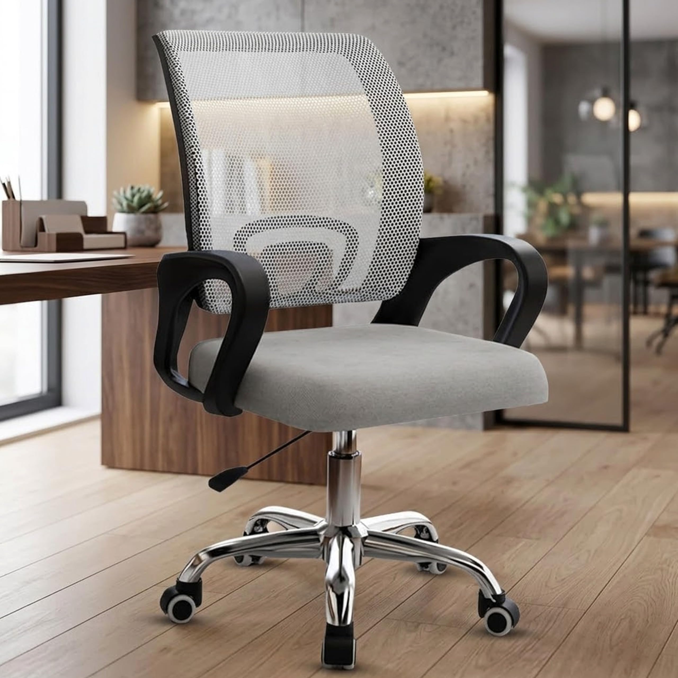 NORMAN JR, Ergonomic Desk Chair Mesh Computer Chair with Lumbar Support Armrest Executive Rolling Swivel Adjustable Mid Back Chair - Grey & Black Handle