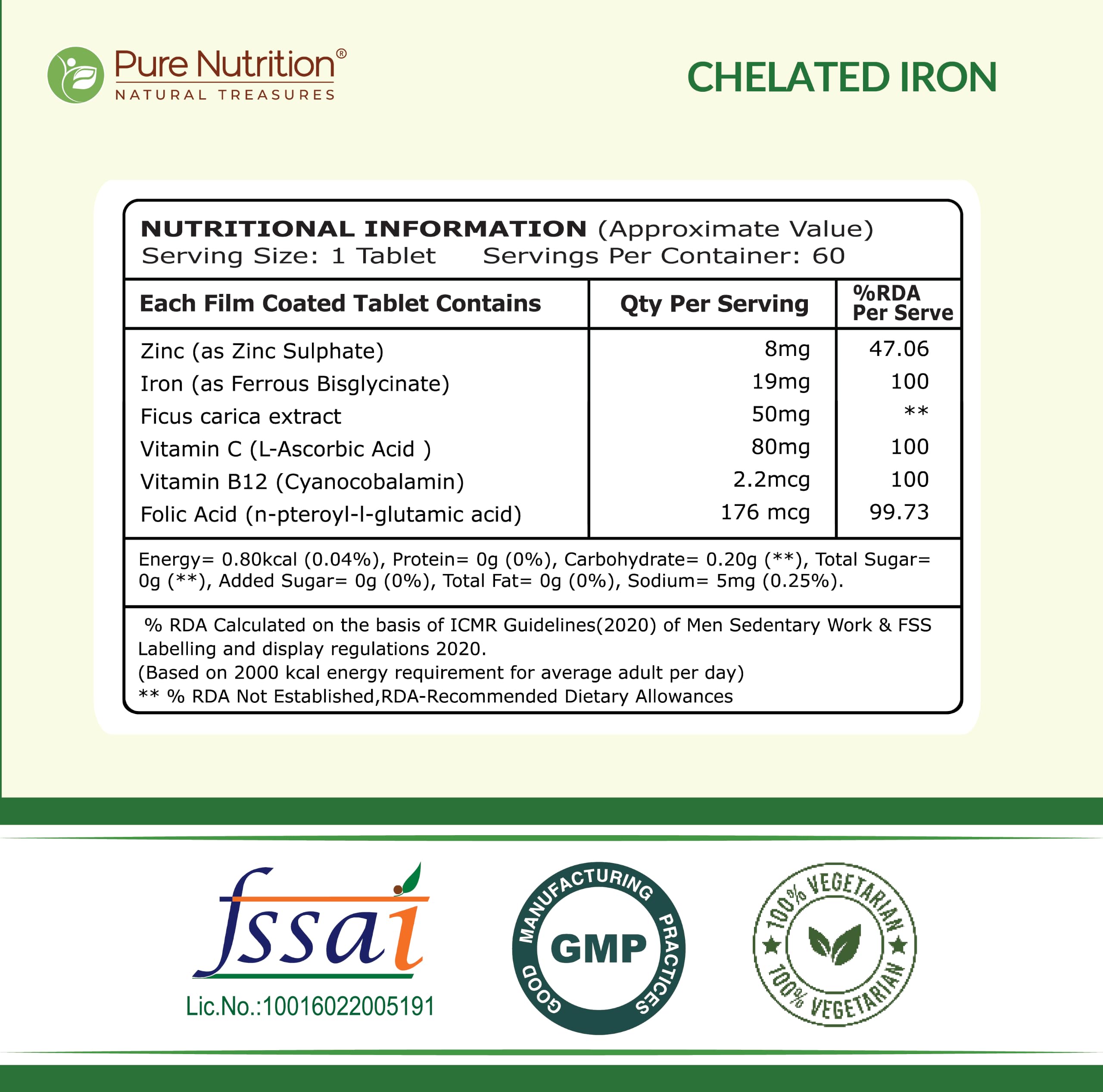 Pure Nutrition Chelated Iron Supplement for Women and Men | Folic Acid Tablets for Pregnancy | Hemoglobin Booster & Maintains Irons Level | with Zinc, Vitamin C & Vitamin B12 - 60 Veg Tablets for Hair Growth with Iron Bisglycinate