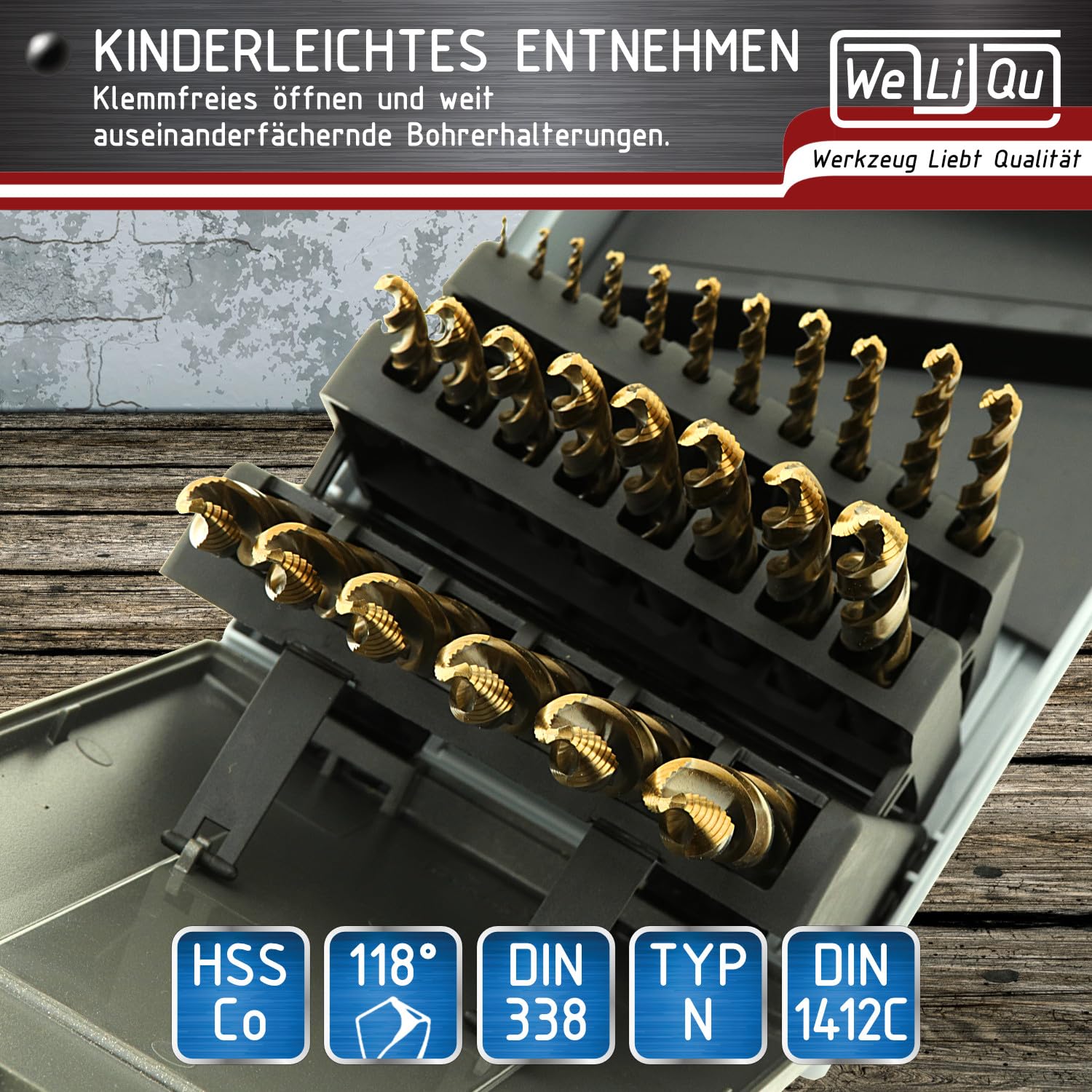 WELIQU HSS-Co Step Point Spiralbohrer Set 25-teilig 1-13mm x 0,5mm - Selbstzentrierende Metallbohrer, DIN 338, 118° für Stahl, Edelstahl, Aluminium, Messing, Bronze, Gusseisen, Hartholz, Kunststoff