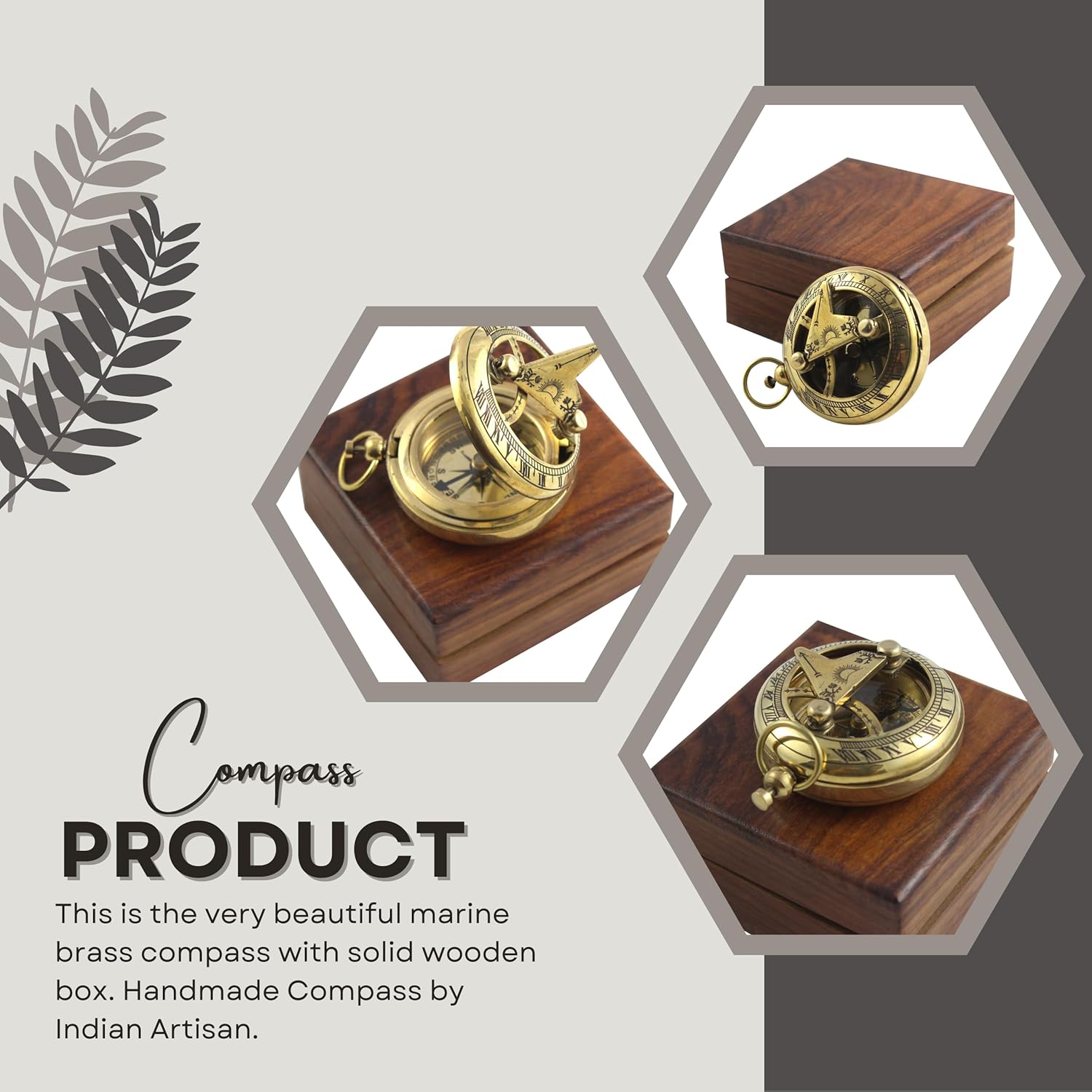 Marine Sundial Compass with Antique Nautical Solid Pocket Compass in Box Vintage Polish with Brass Finish Navigate Device Collection