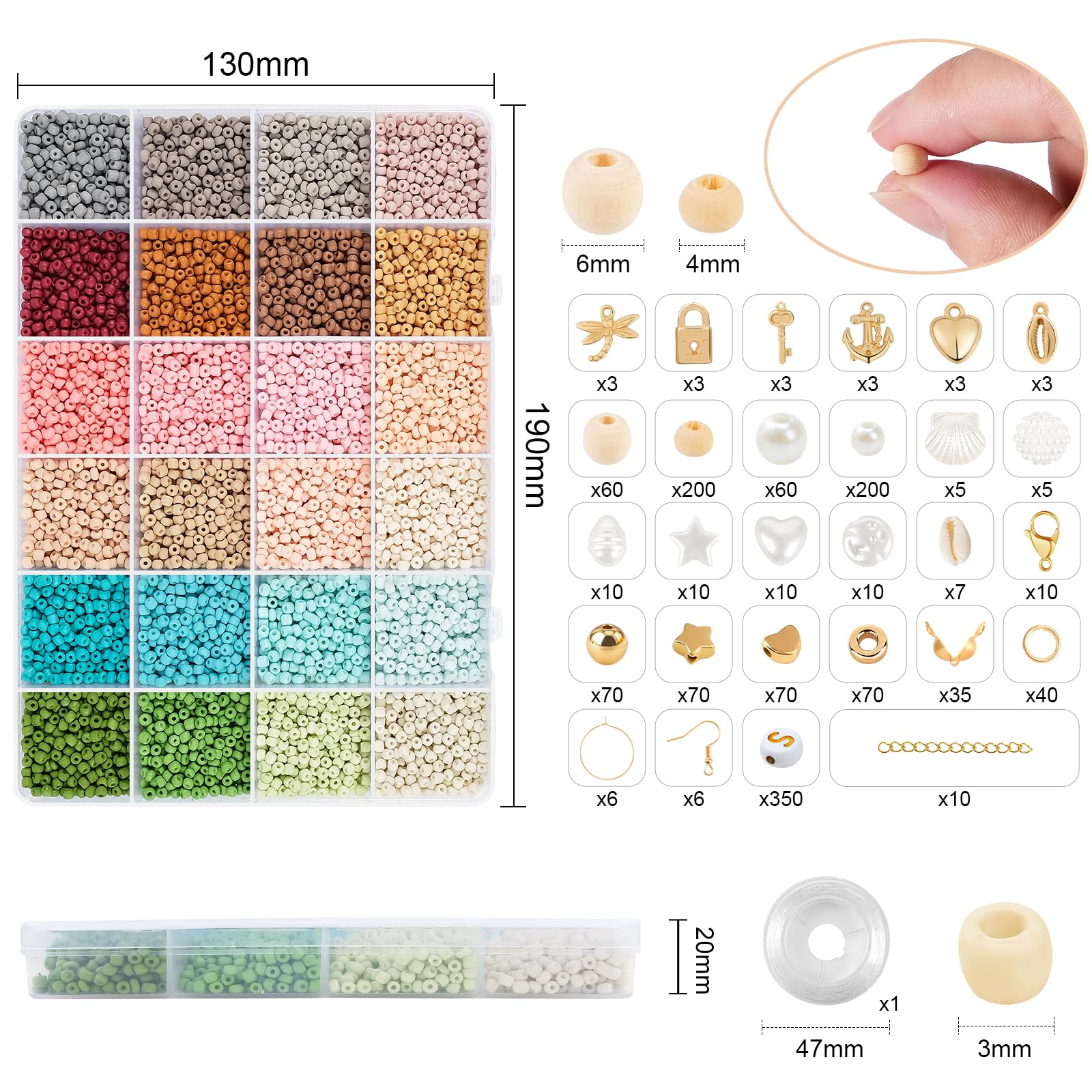 RUBY Perline da 3 mm per bracciali, 24 perline colorate Morandi in vetro da infilare, mini set di perline con perline di legno, perline da infilare per Natale, kit fai da te, feste, vacanze