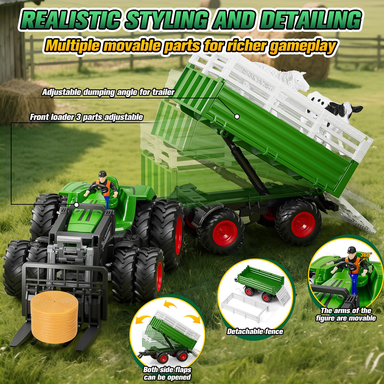 RC Tractor Juguete con Remolque, 2,4 GHz Tractor Teledirigido, de Granja Vehículos con Horquilla Elevadora, Luz, Vaca, Oveja y Frdo de Heno, Granja de Juguete Regalo 3 4 5 6 7 8 Años