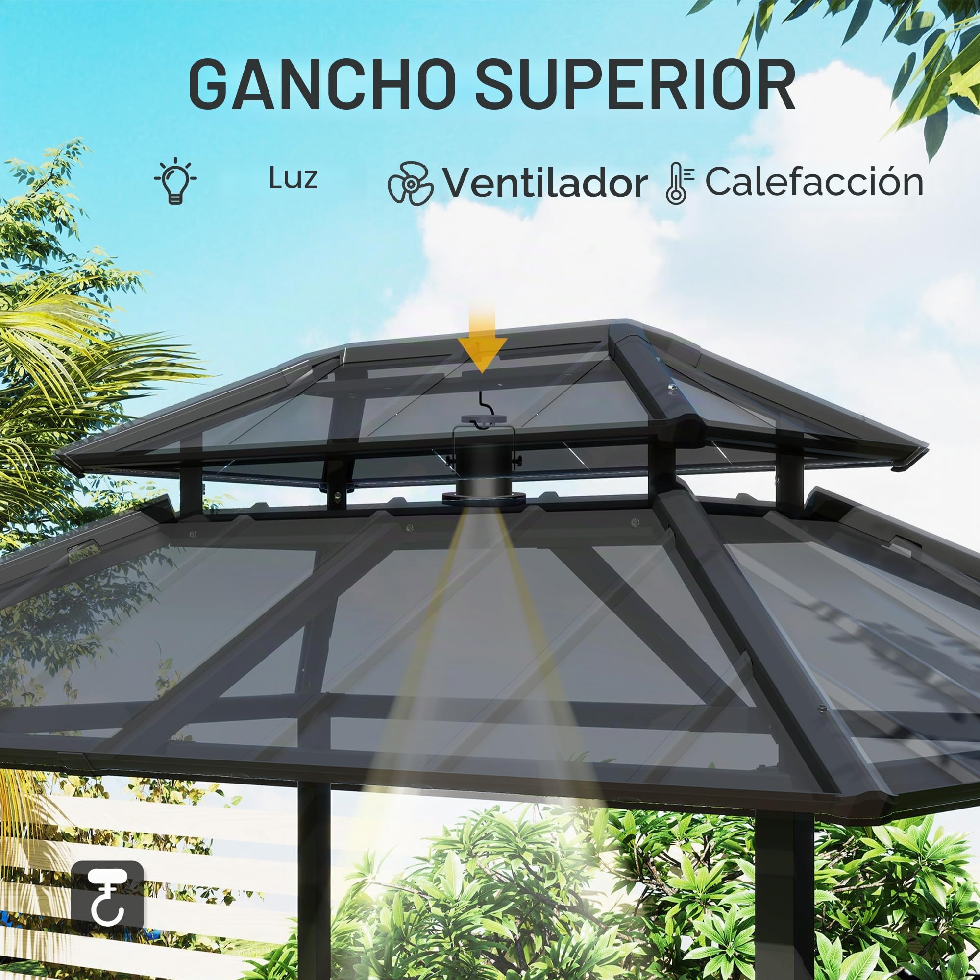 Outsunny Barbacoa cenador rígido de Doble Techo, cenador de jardín con 2 estantes y Gancho Superior, toldo de Barbacoa para terraza de jardín, 244x184x258cm, Negro