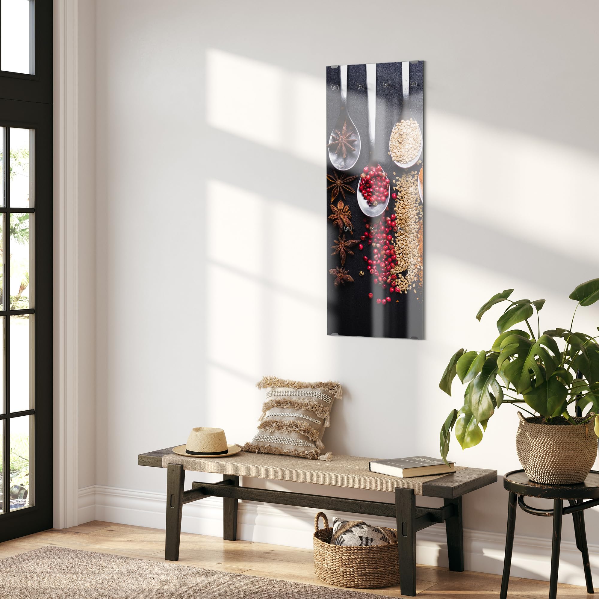 DEQORI Kleiderhaken aus Glas mit Motivdruck | Design vertikal, 50x125 cm | Motiv Kochlöffel mit Gewürzen | ESG-Sicherheitsglas mit 7 Haken – beschreibbar & montagefreundlich – pflegeleicht