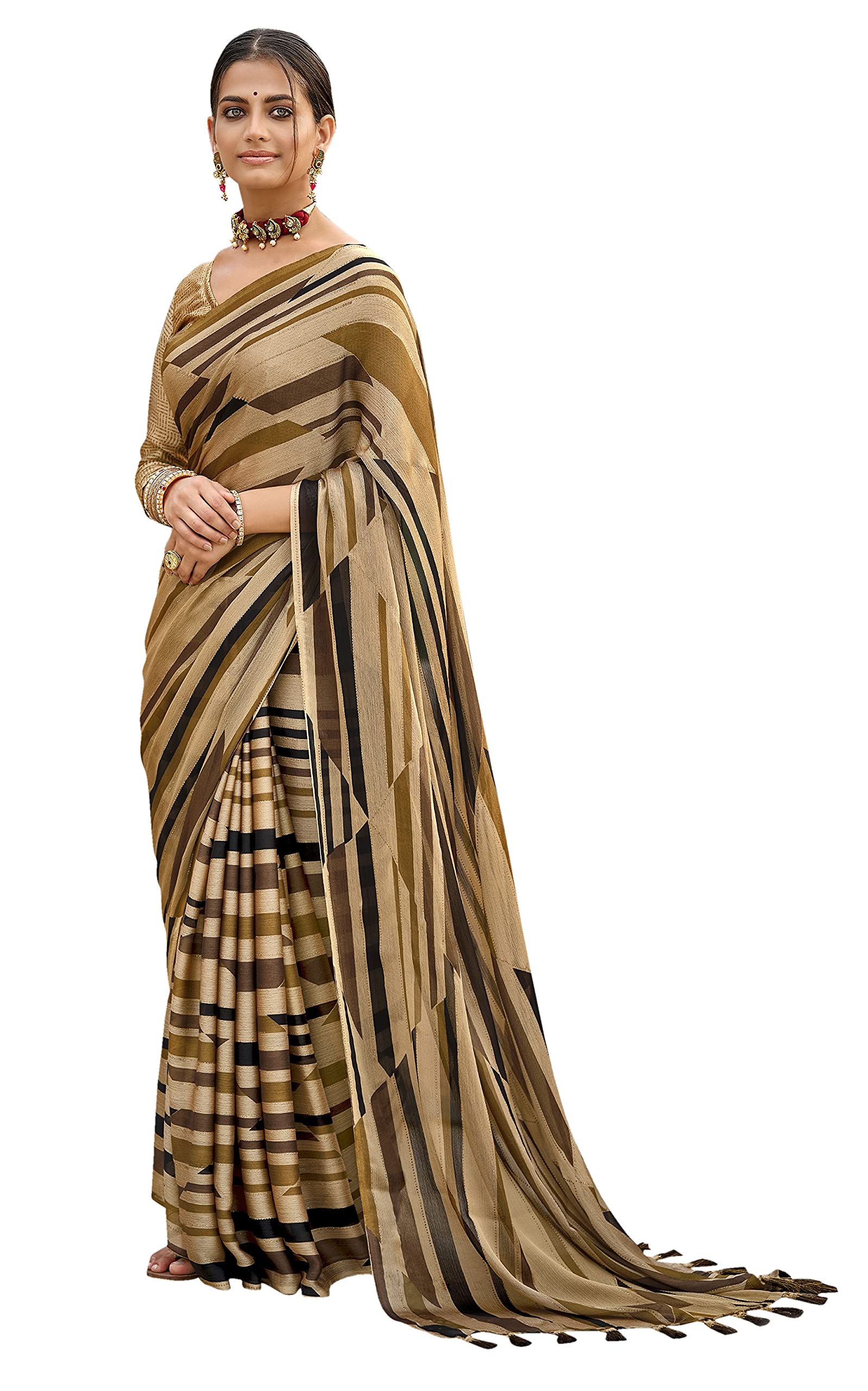 Triveni Pure Chiffon Tan Brown Stripes Printed, Foil Embellished Saree With Blouse - (TSAMVPFRG11828)