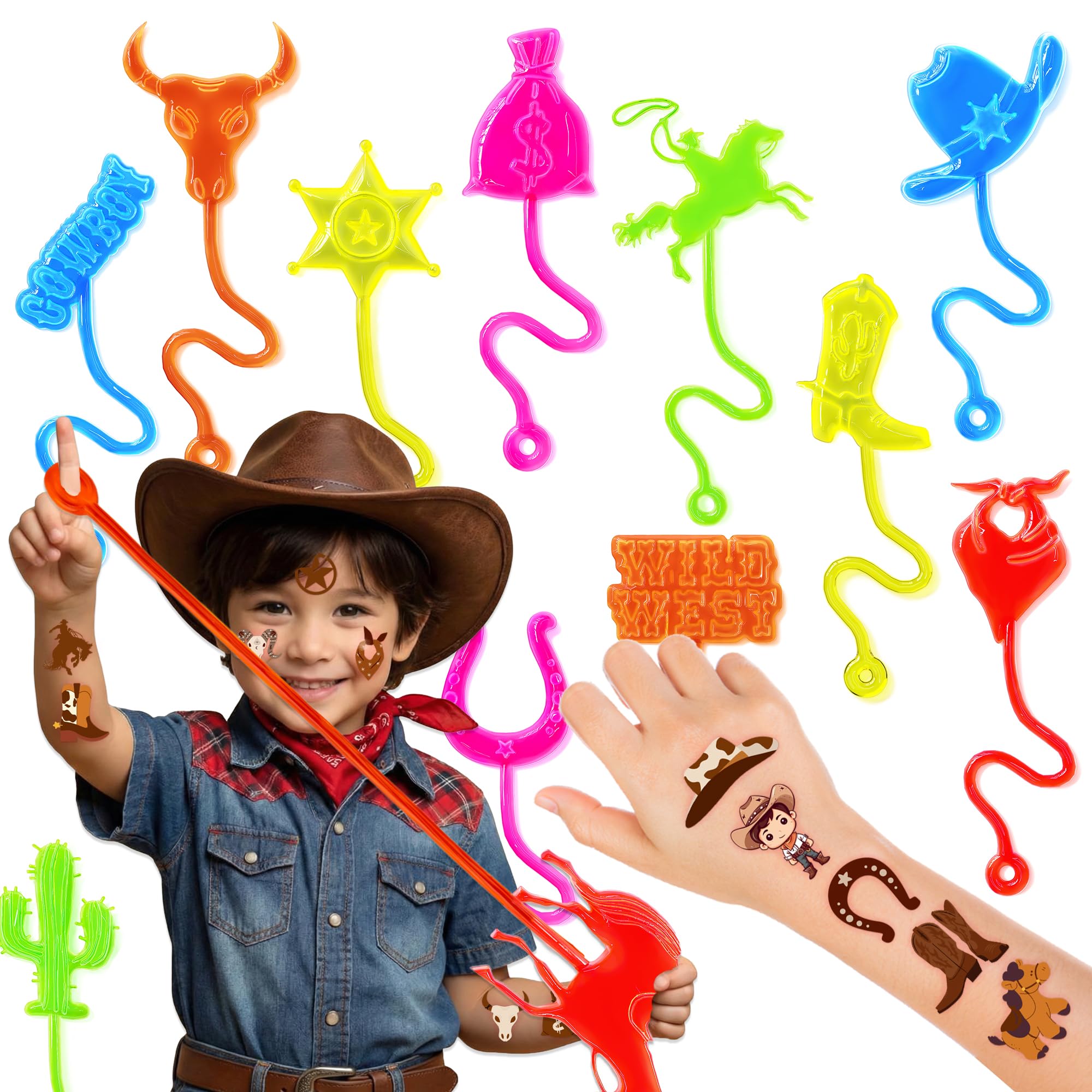 48PCS Cowboy Party Favors - 24PCS Cowboy Temporary Tattoos & 24PCS Cowboy Stick Hands - Perfect Birthday Favors, Goodie Bag Stuffers, Treasure Box