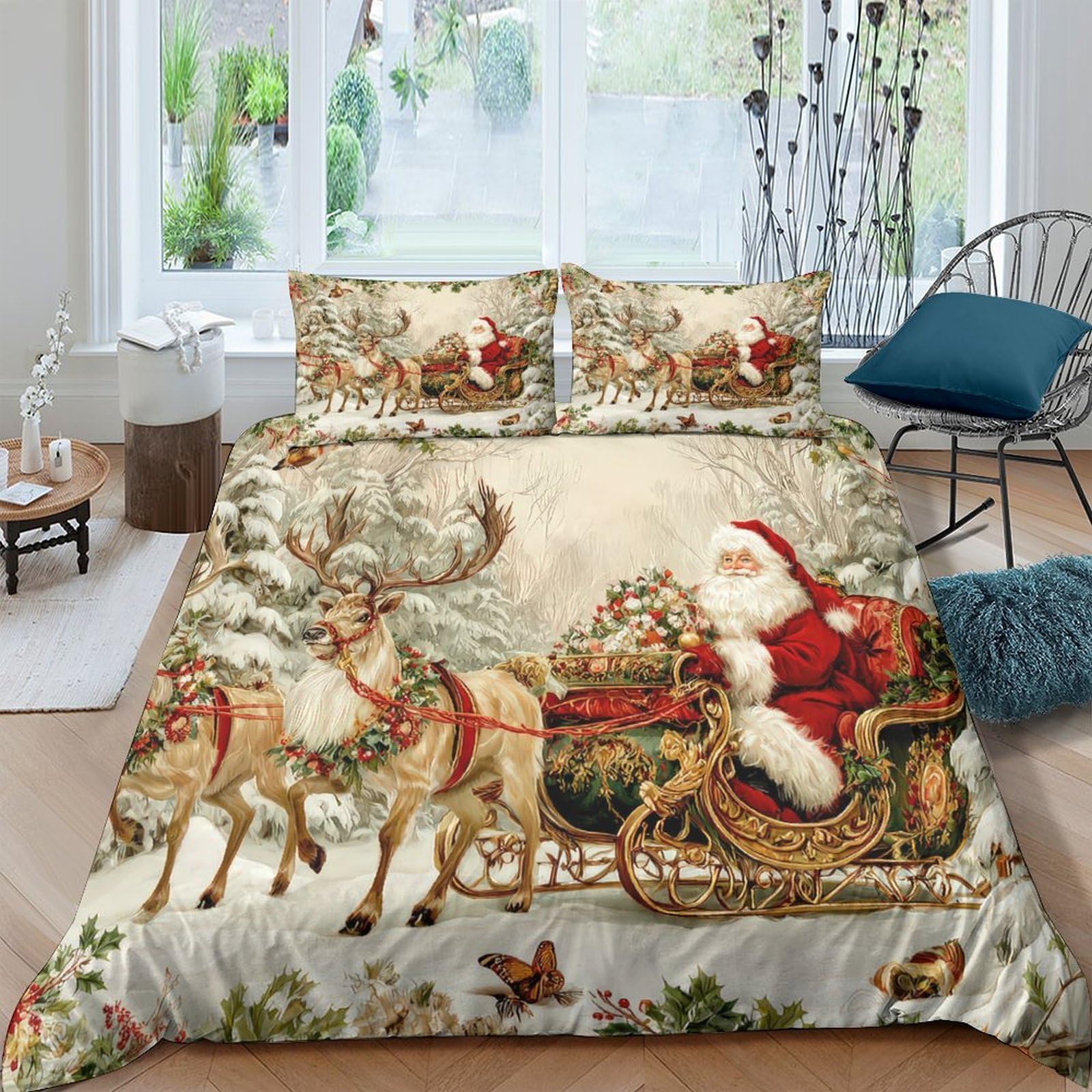 Ctjqhvkz Style-8 3D Printed Christmas Santa Sleigh Fitted Sheet Microfiber Soft Reindeer Forest Mattress Cover For Bedroom Guest Room Decor Single（135X200cm）