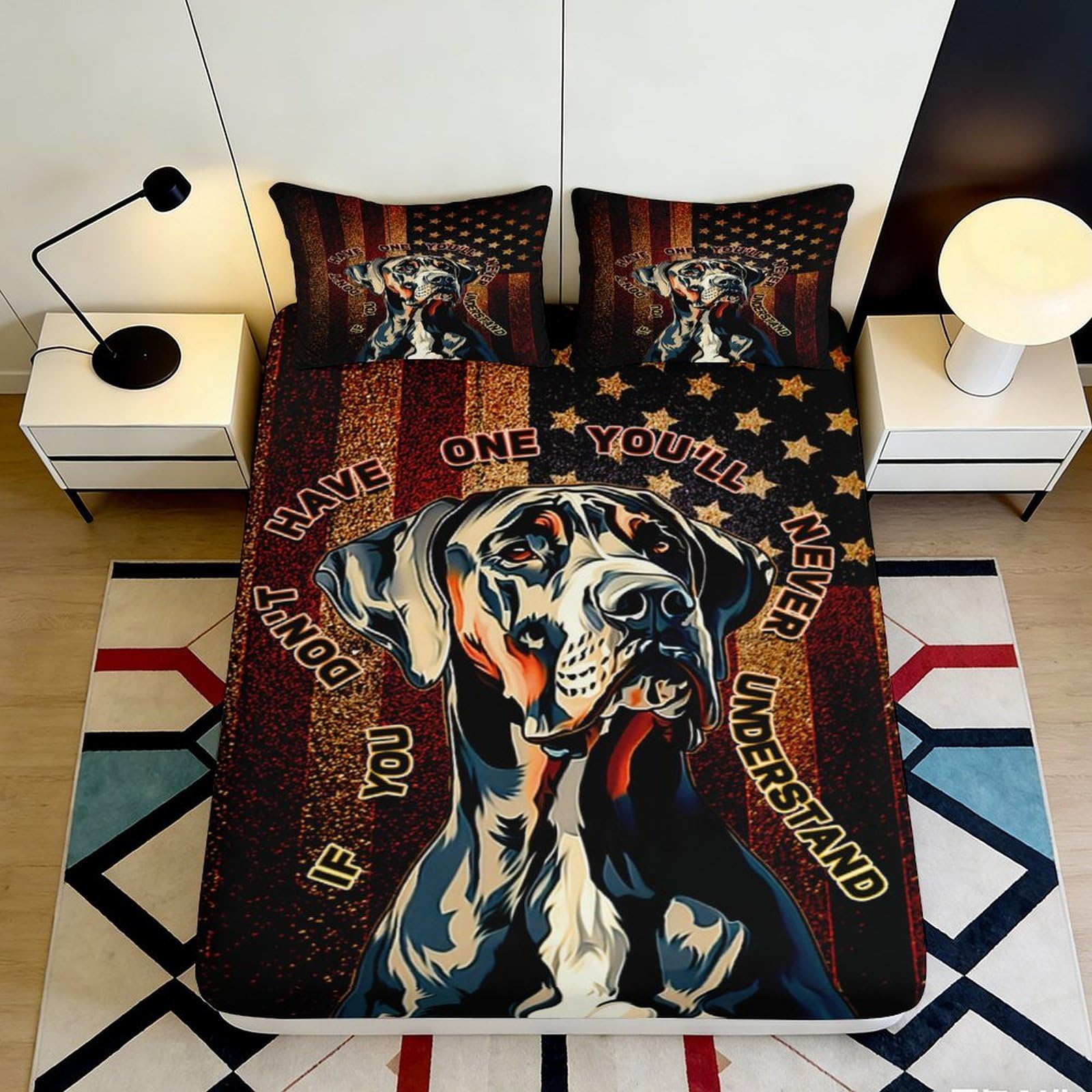 3D Printed Great Dane Dog American Flag Fitted Sheet Microfiber Soft Slip-Resistant Bed Cover for Bedroom Guest Room Decor 200x200x25cm