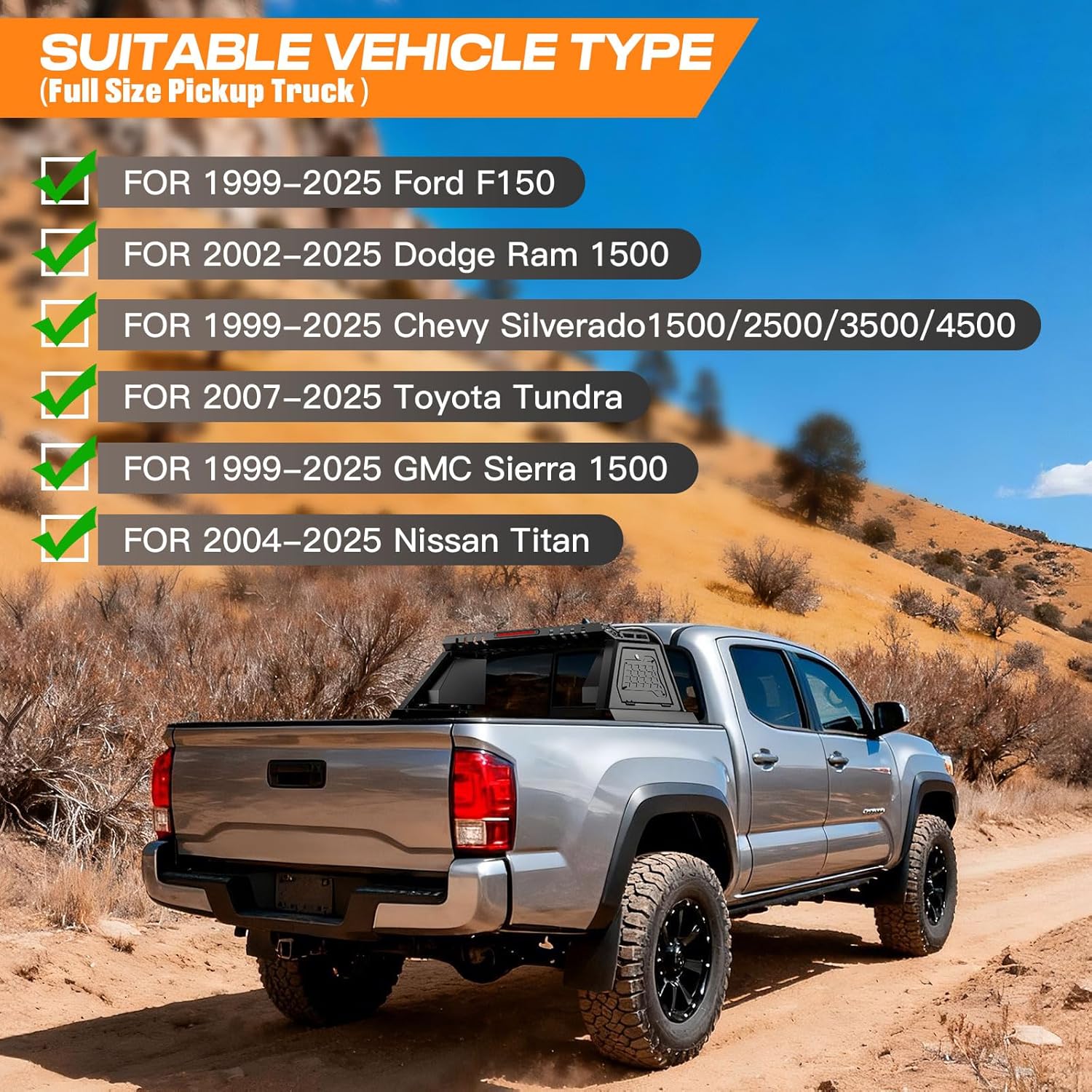 Truck Roll Bar with Lockable Toolbox, Cargo Basket & Brake Light, Adjustable Chase Rack, Light Texture Black Powder Coated, Compatible with Silverado, Sierra, F-150, Titan, Tundra