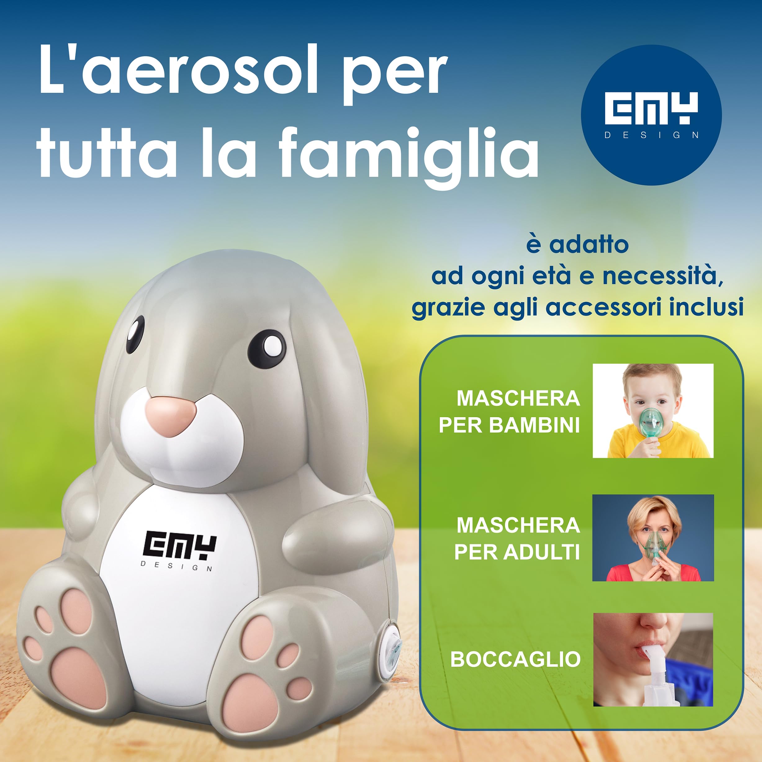 E.M.Y. Design MISS BUNNY - Aerosol per Bambini e Adulti, Dispositivo Medico Classe IIa, Certificato CE e FDA, Nebulizzatore a Pistone Potente con Accessori e Borsa