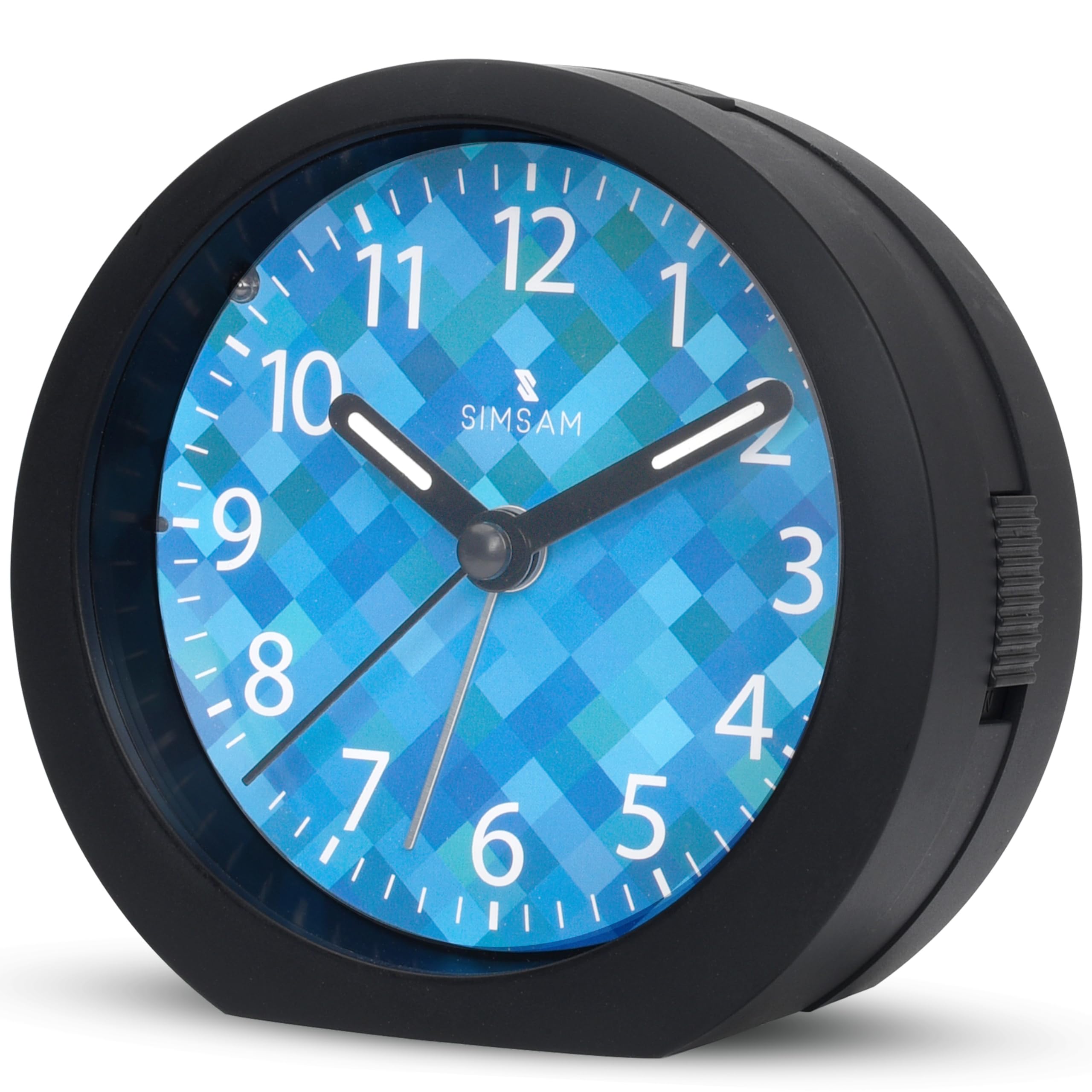 SIMSAM Wecker Kinder Jungen, Kinderwecker Jungen Ohne Ticken für Schulanfänger, Einschulung Kinder Wecker für Junge, Schulkind Lernwecker Analog mit 24 Melodien, Batterie, Snooze (Schwarz-Hellblau)