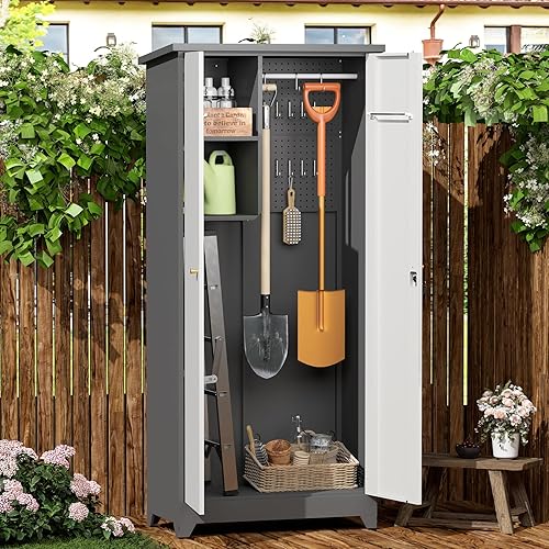 Miniatura 14 de GREATMEET Armario de escoba, armario de escoba con tablero de clavijas y barra para colgar, gabinete de almacenamiento de suministros de limpieza