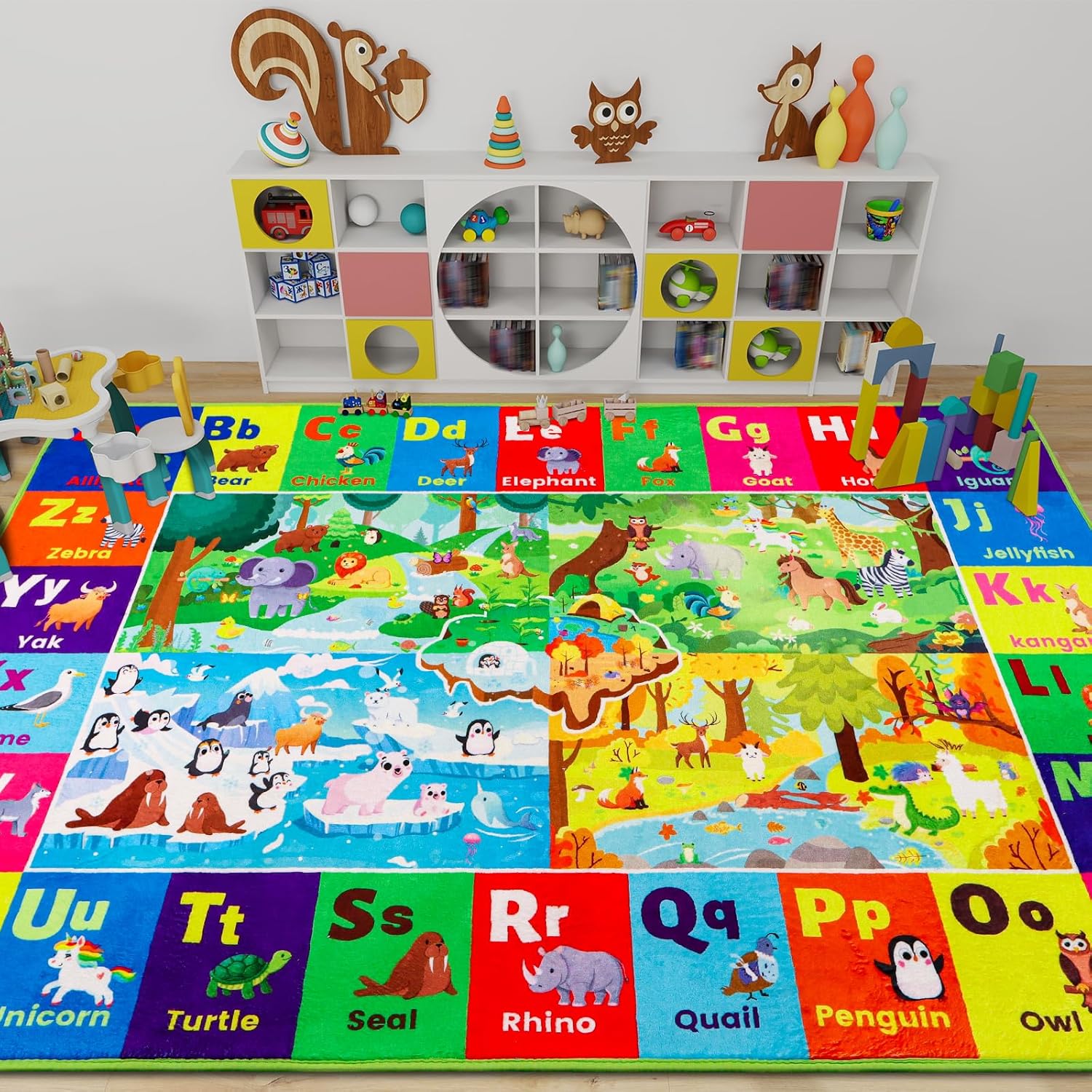 ABC Kids Rug for Playroom,78.7"×59" Animals Baby Play Mat,Toddler Educational Play Mat with Alphabet Numbers Seasons Shapes,Educational Kids Carpet Classroom Area Rugs for Kids Room Classroom