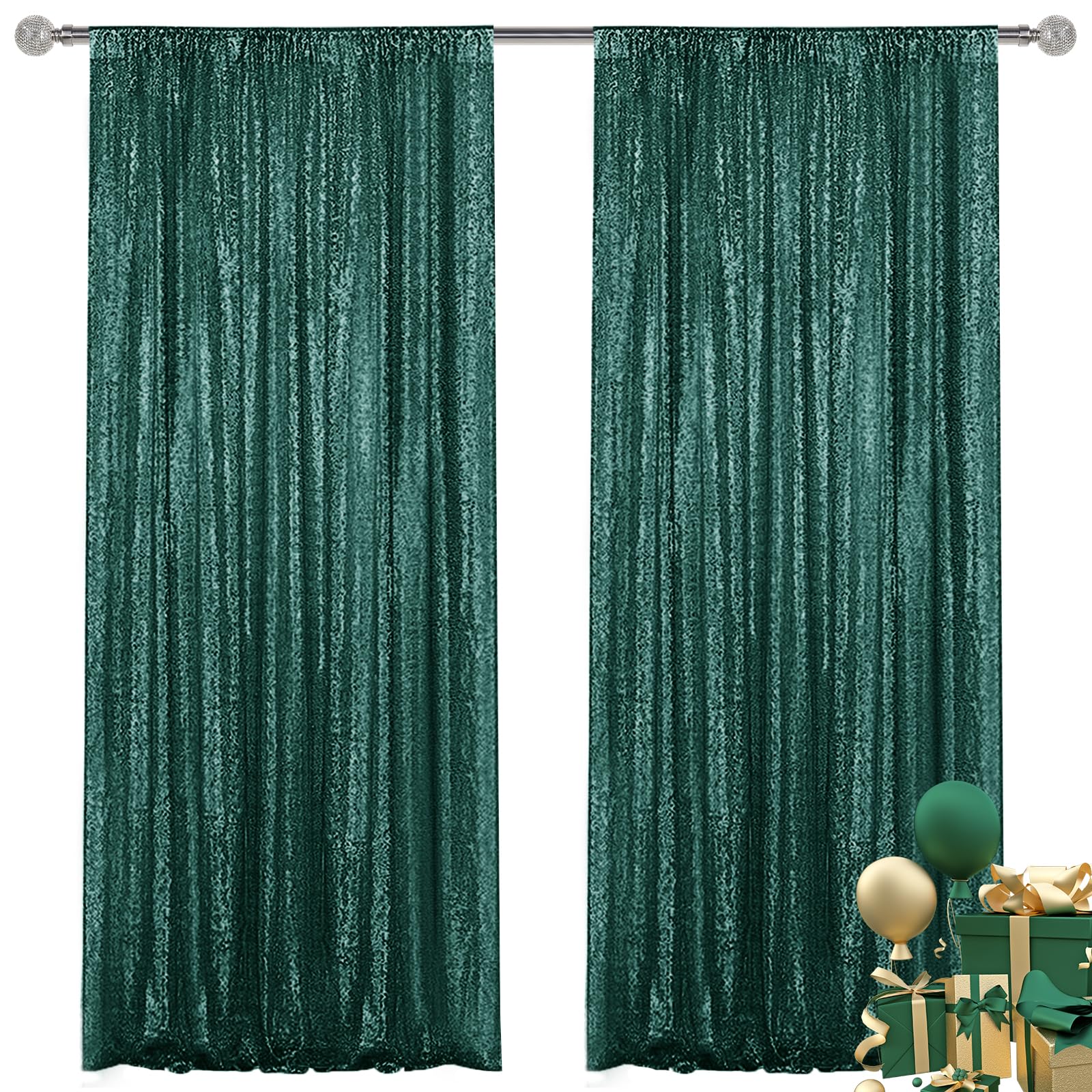 Yblut Dark Green Sequin Backdrop Curtain 2 Pieces 2FTx8FT Glitter Photography Backdrop for Party Wedding Birthday Christmas Decorations
