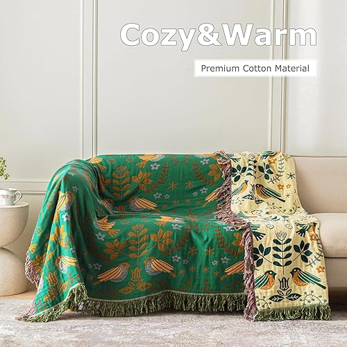 Miniatura 4 de Manta para cama de estilo bohemio, 100 % algodón, ultra suave, edredón rústico, manta de otoño, estampado floral y de pájaros, manta rústica para