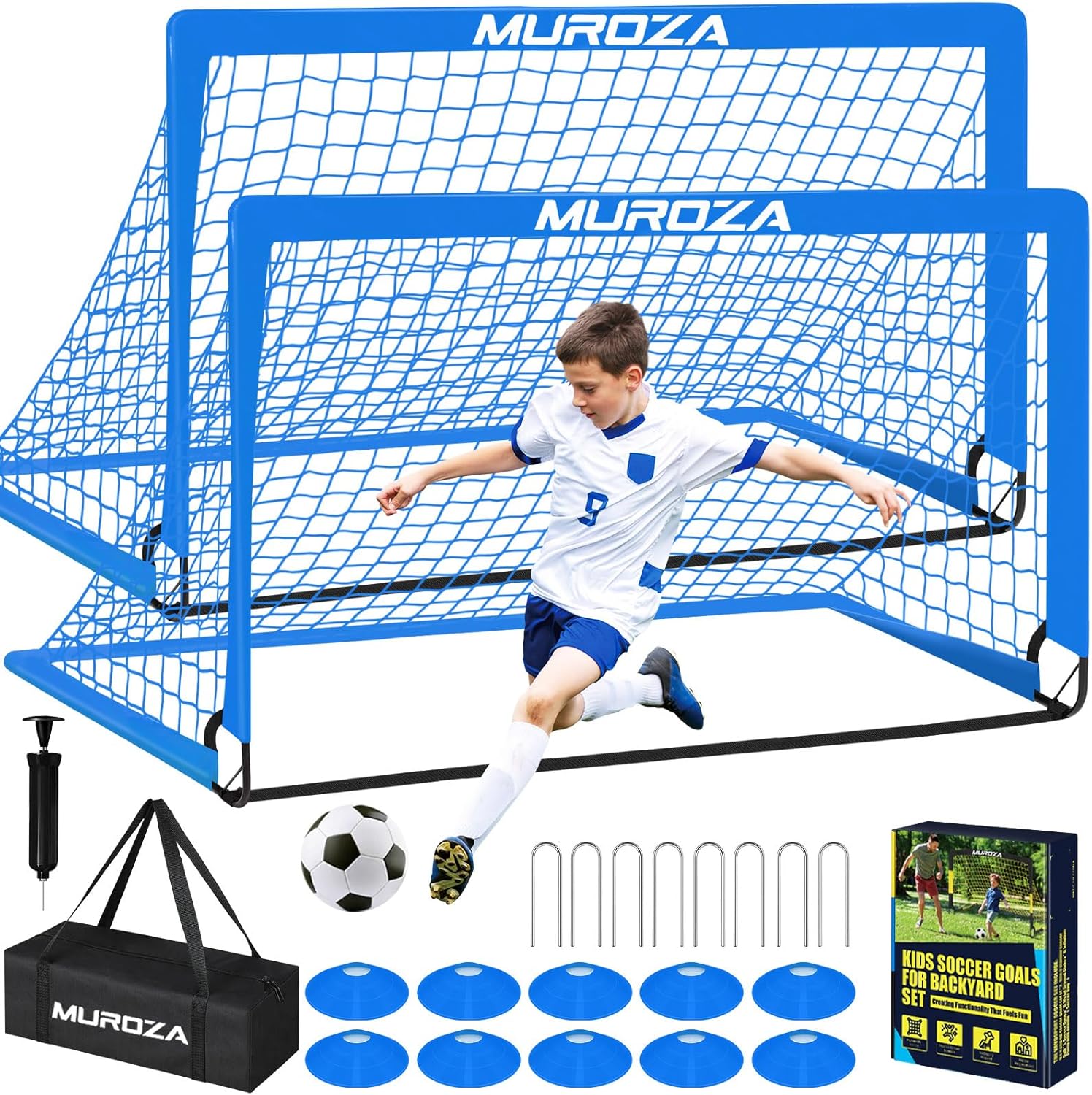Kids Soccer Goals for Backyard Set, 2 Pack of Portable Pop Up Soccer Nets with Soccer Ball, Cones, Complete Training Equipment for Youth, Toddler Outdoor Sports Games