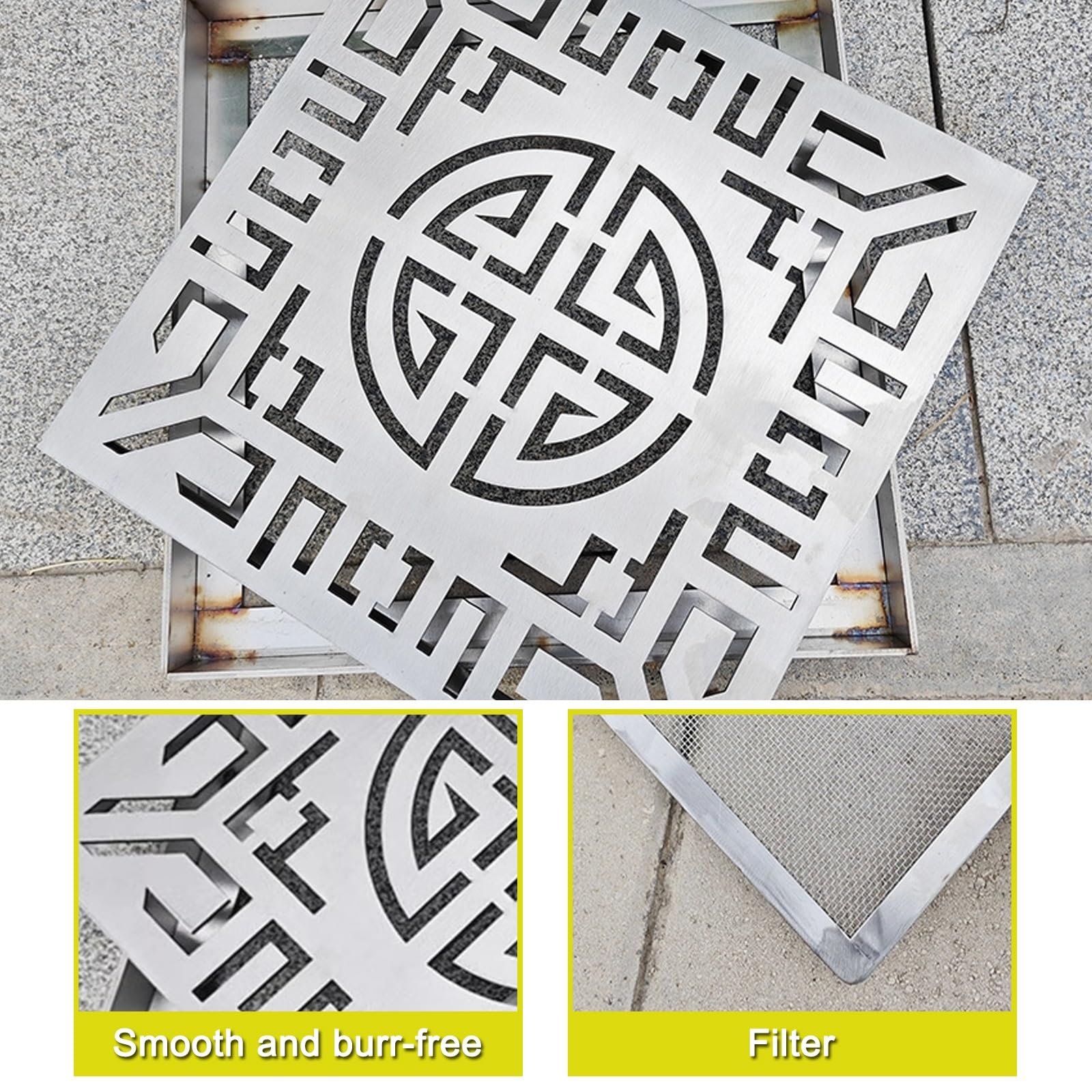 Rejilla Desague Jardin de Acero Inoxidable 304, Rejilla Metálica para Patio con Filtro y Base, Drenaje Rápido, para Jardines(50x50x3cm/20x20x1.2in)