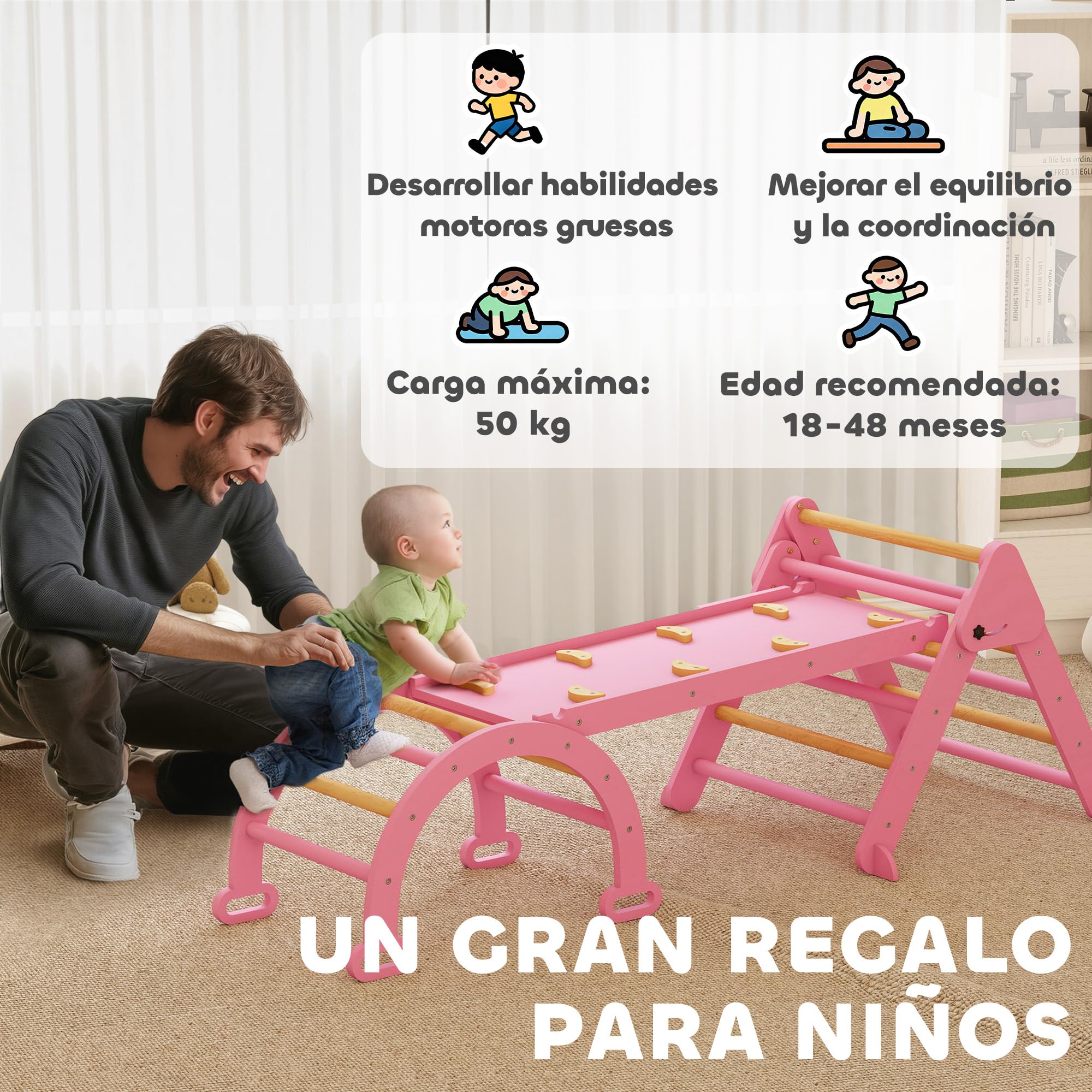 AIYAPLAY 7 en 1 Triángulo de Escalada Montessori con Arco y Rampa, Escalada para Niños de Madera Plegable, para 18-48 Meses, para Deslizarse o Escalar, 188x70 cm, Rosa