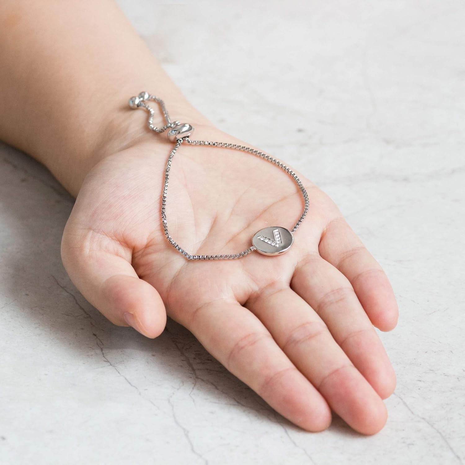 Philip Jones Initial Friendship Slider Bracelet Letter V Created with Zircondia® Crystals, Silver, Adjustable - Image 4