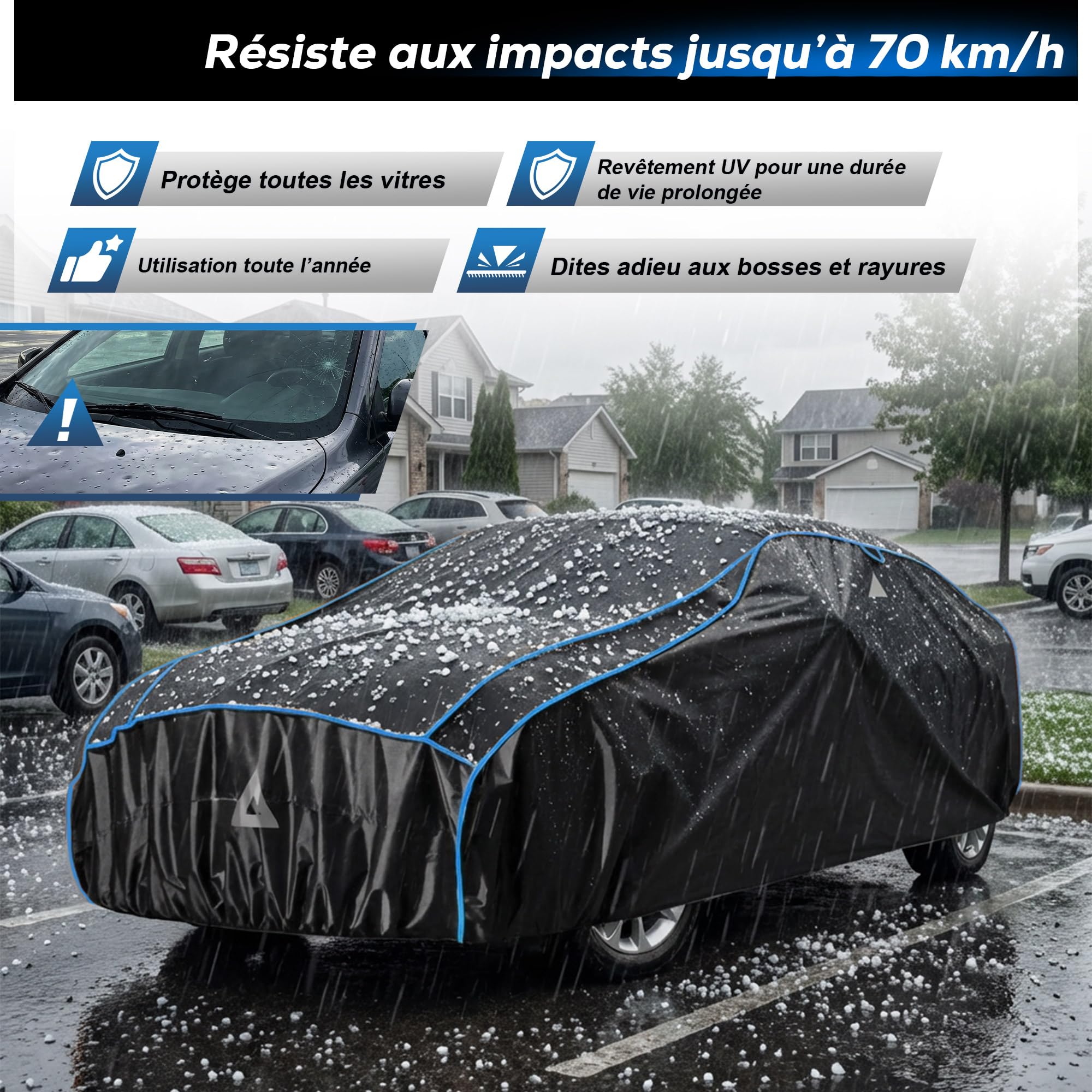Funda Anti-Granizo para Coche - Protector de EVA Reforzado, Impermeable, Protección Solar UV, Antiviento, Incluye Visera Parasol Independiente, Apta para Sedanes y Turismos (430-460 cm)