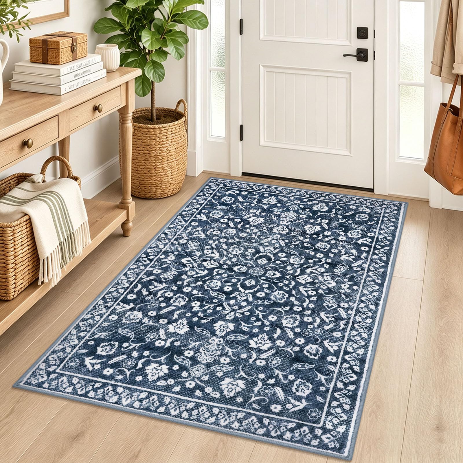 SILOLOOM Vintage Washable Rugs for Entryway 4x5 Area Rug Non Slip Door Mat — image 1