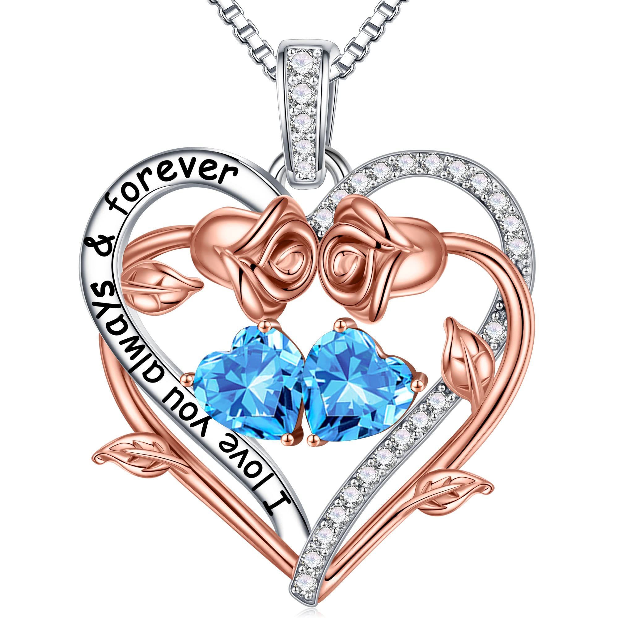 Iefil Valentines Gifts for Her Wife Women - Rose Heart Double Birthstone Necklace Gift for Wife Girlfriend Her Women, Birthstone Jewelry Gemstone