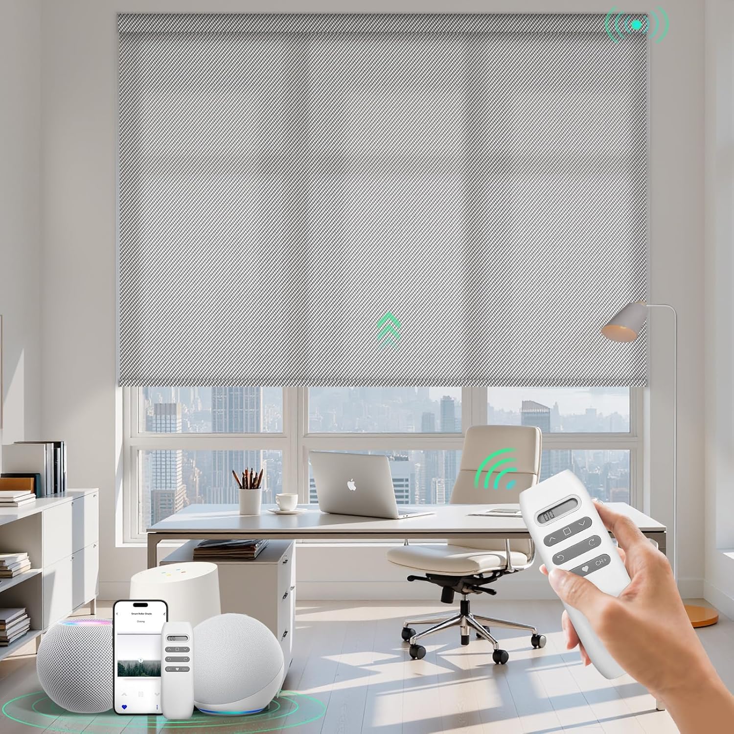 HeyBlinds Motorized Solar Shades with Remote, UV Block Light Filtering Mesh, Smart Blinds for Indoor Windows/Patio, Compatible with Alexa, Google and Homekit, Custom Size (Cloud Grey - 1% Openness)