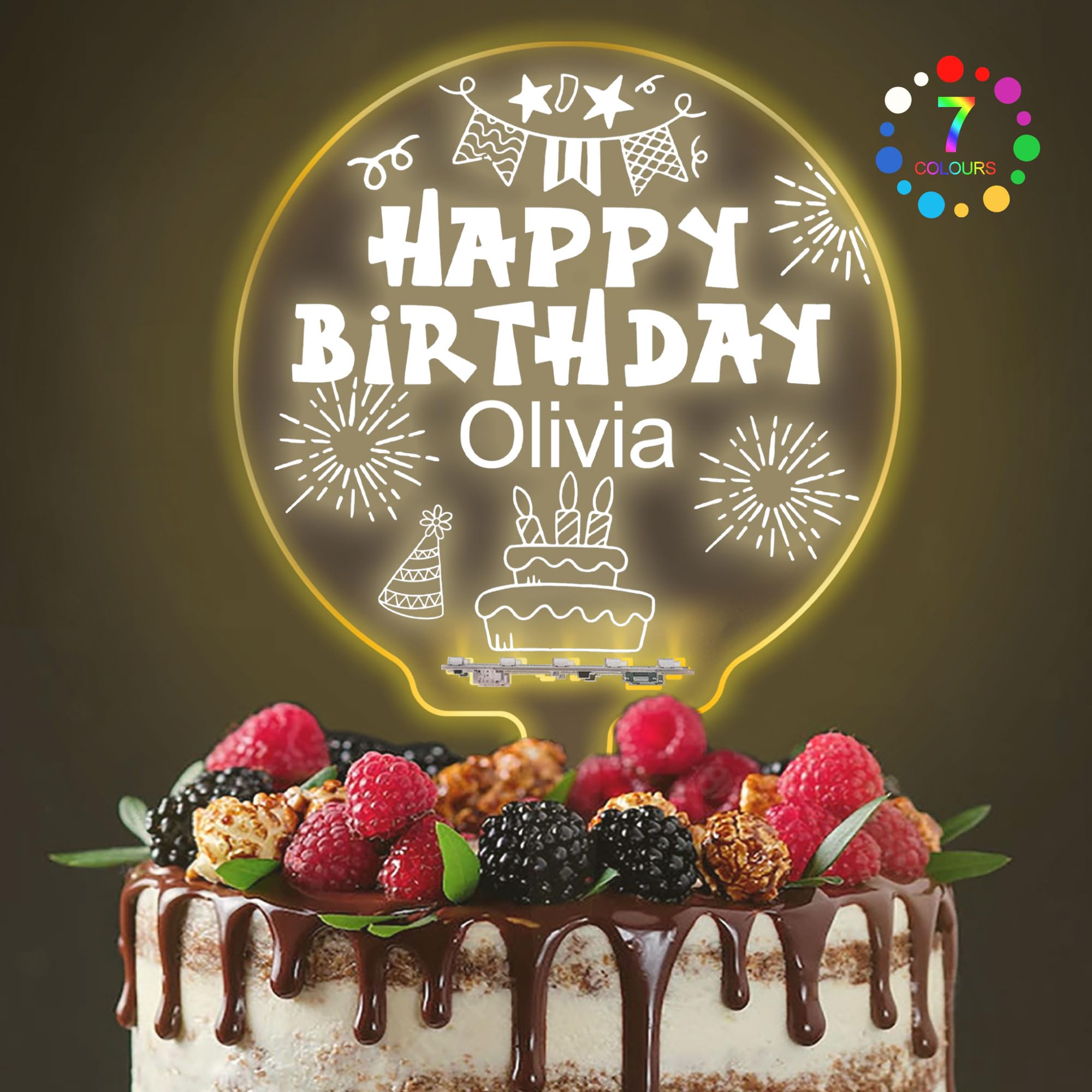 LED Personalised Happy Birthday Cake Topper Light Up for 1st, 10th, 16th, 18th, 20th, 21st, 30th, 40th, 50th, 60th (Design 2)