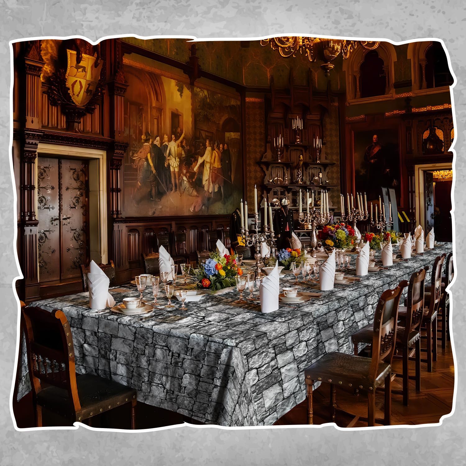 Medieval Brick Stone Wall Tablecloth Roll with Cutter Box Disposable Plastic Table Covers Castle Backdrop Grey Antique Background Knight Themed for Birthday Halloween Party (240 feet)