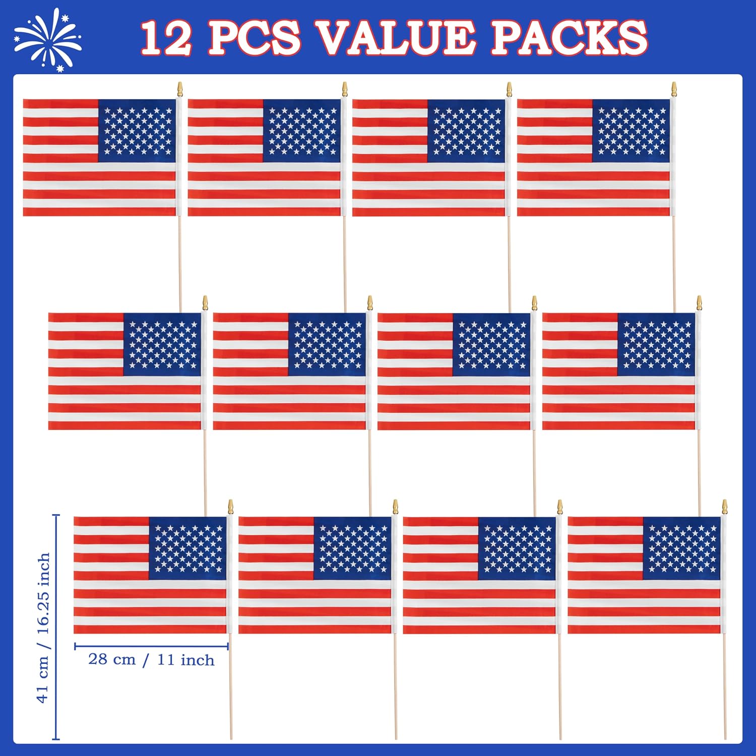 JOYIN 12 Pcs 11'' x 8'' July 4th American Flags with Sticks, Fabric USA Flags with Wooden Poles, Handheld Flags for Patriotic Parade Outdoor Yard Decor, Memorial Independence Day Party Supply image 2