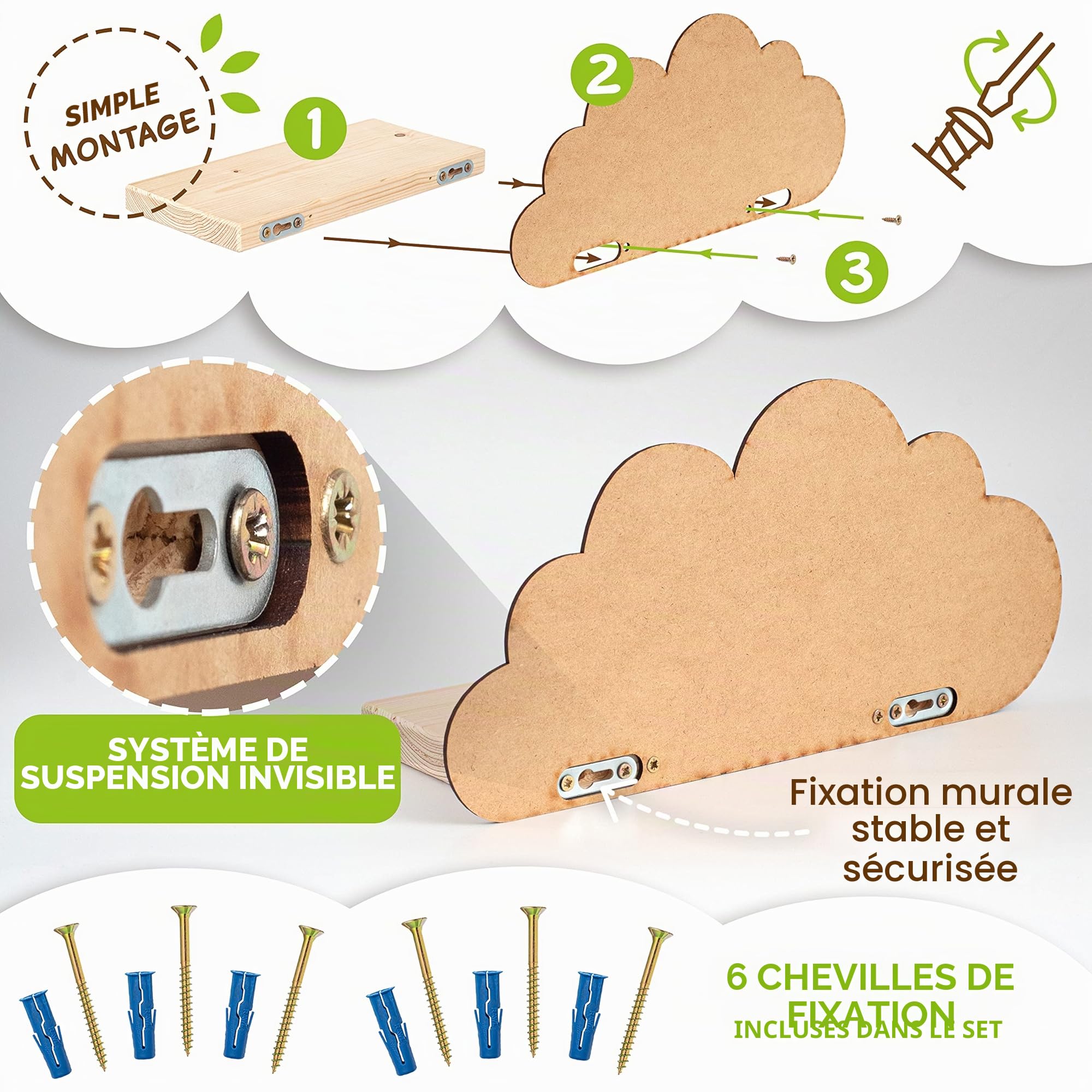 Outentin Lot de 3 étagères murales nuages pour chambre d'enfant, en bois naturel, en forme de nuage, avec supports et chevilles de fixation, blanc