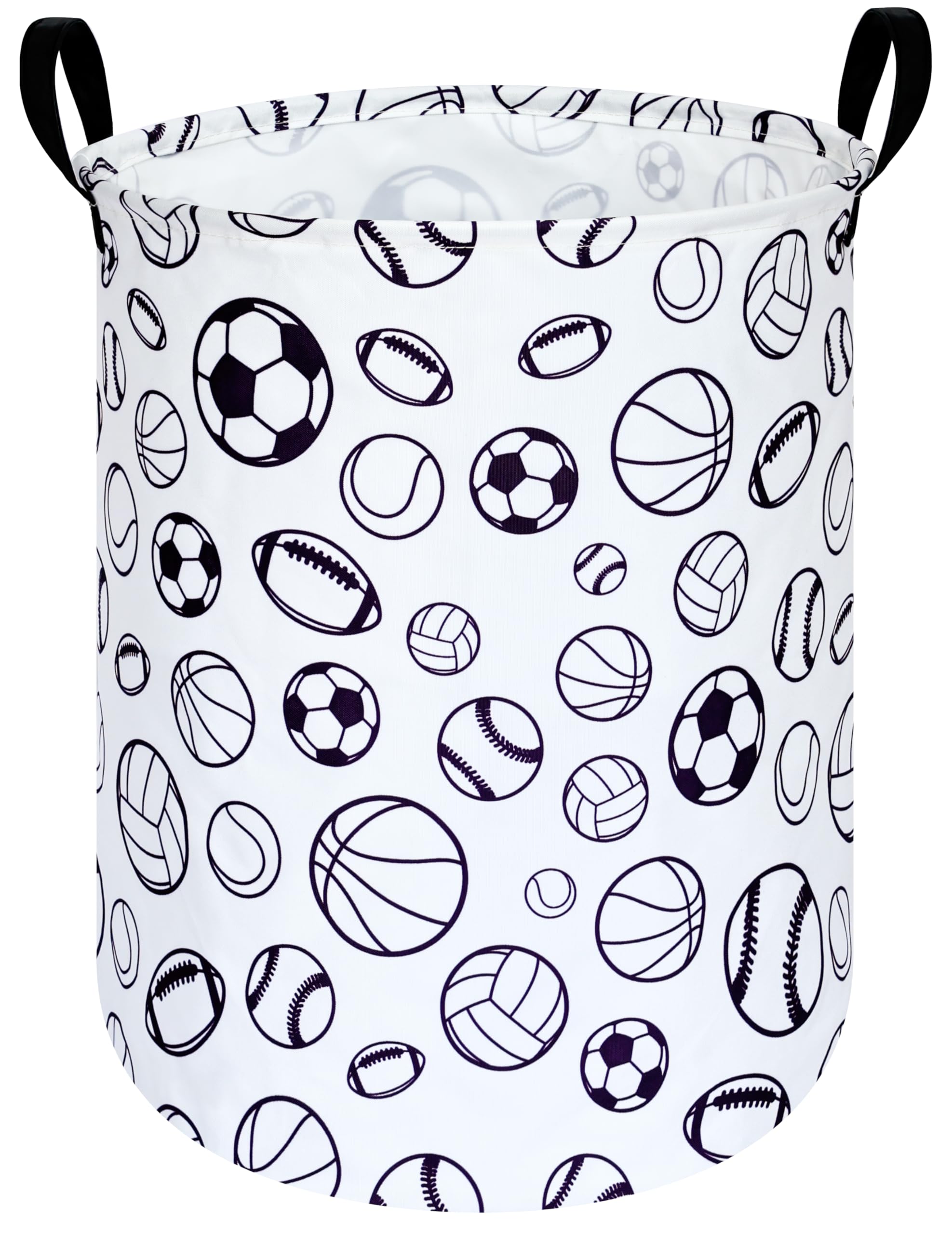 KUNRO Round Laundry Gift Basket Storage Hamper, Clothes Storage Organizer Bins, Shelf Basket with Handles for Room Decor (Sports ball)