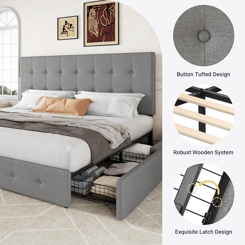 Allewie King Size Storage Bed Frame with 4 Underbed Drawers, Upholstered Platform Bed with Adjustable Headboard, Square Button Tufted, Easy Assembly, Noise-Free, No Box Spring Needed, Light Grey image 6