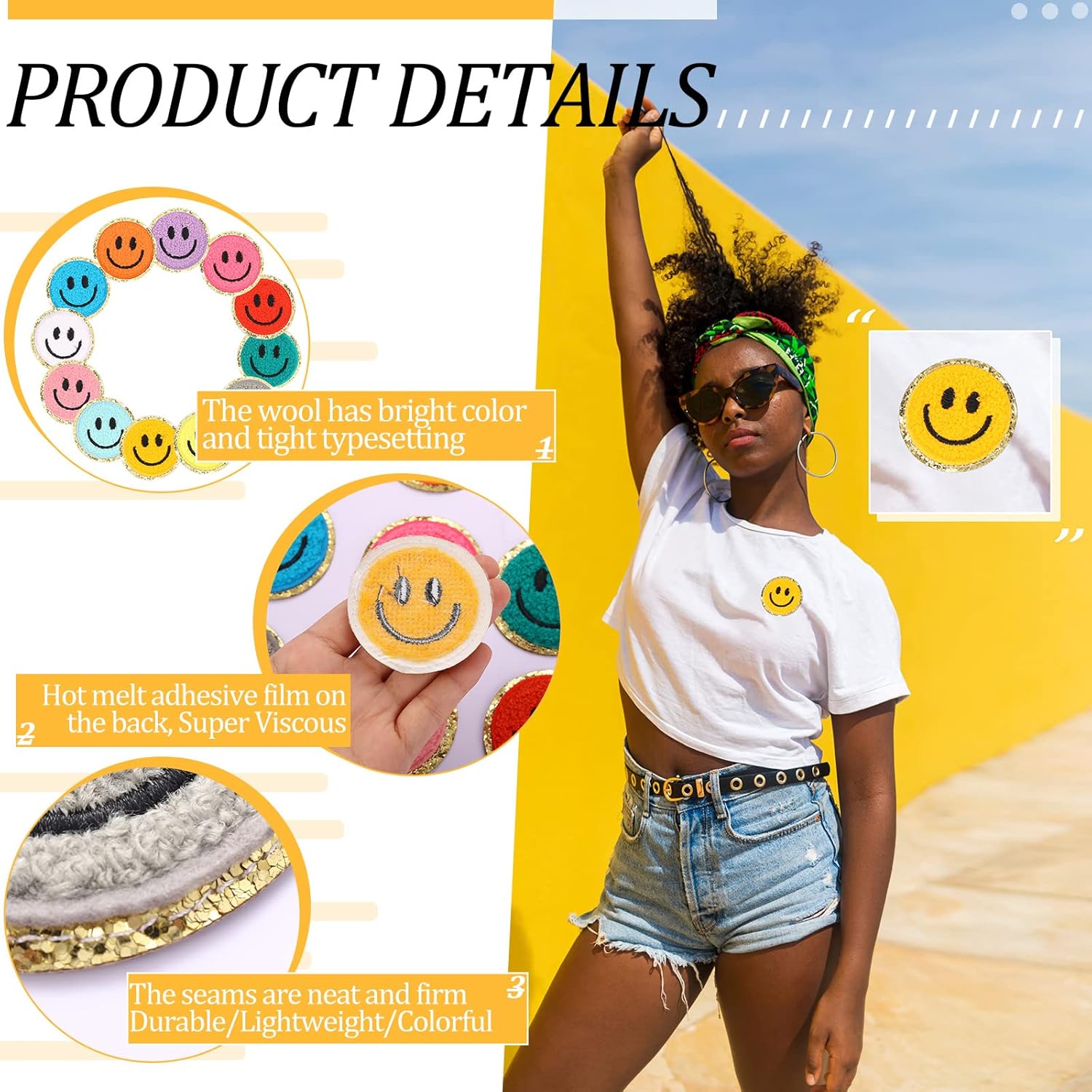 24 Pcs Smile Face Patch Iron on Patches 2 Inch Chenille Cute Preppy Happy Face Patches Glitter Heat Sequins Applique for Backpacks Hats Clothes Jackets Decorative DIY Craft - Image 2