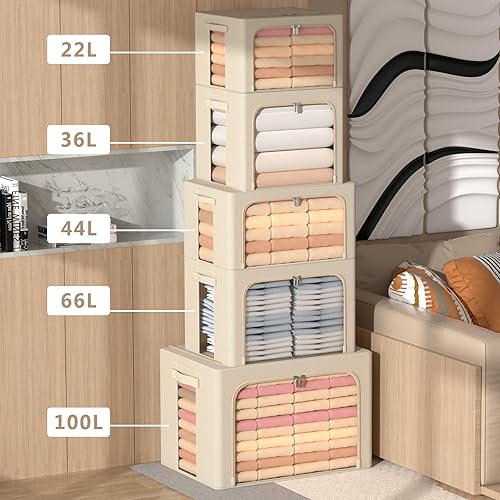 Vista 4 de Paquete de 3 cajas de almacenamiento con marco, bolsas de almacenamiento de ropa, tela Oxford, plegable, apilable, juego organizador con ventana