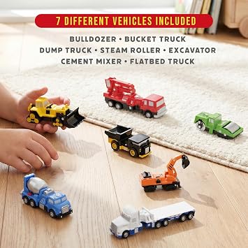 Popular Playthings Magnetic Vehicles for Toddlers 1-3, Mini Mix or Match Car Toys, Set of 7 Gift for Kids - Construction Trucks